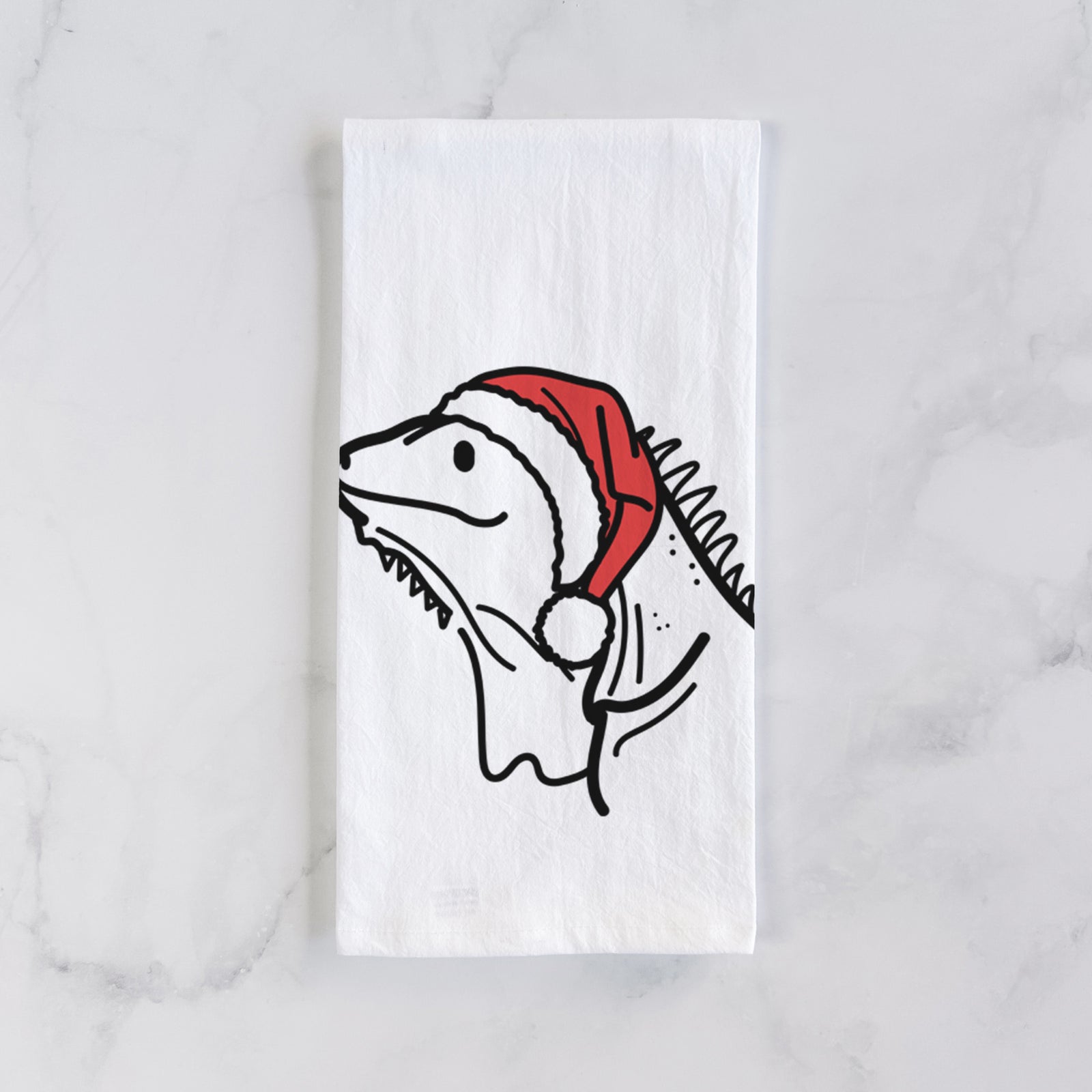 Minimalist line drawing of Louie the Iguana wearing a Santa hat on a tea towel