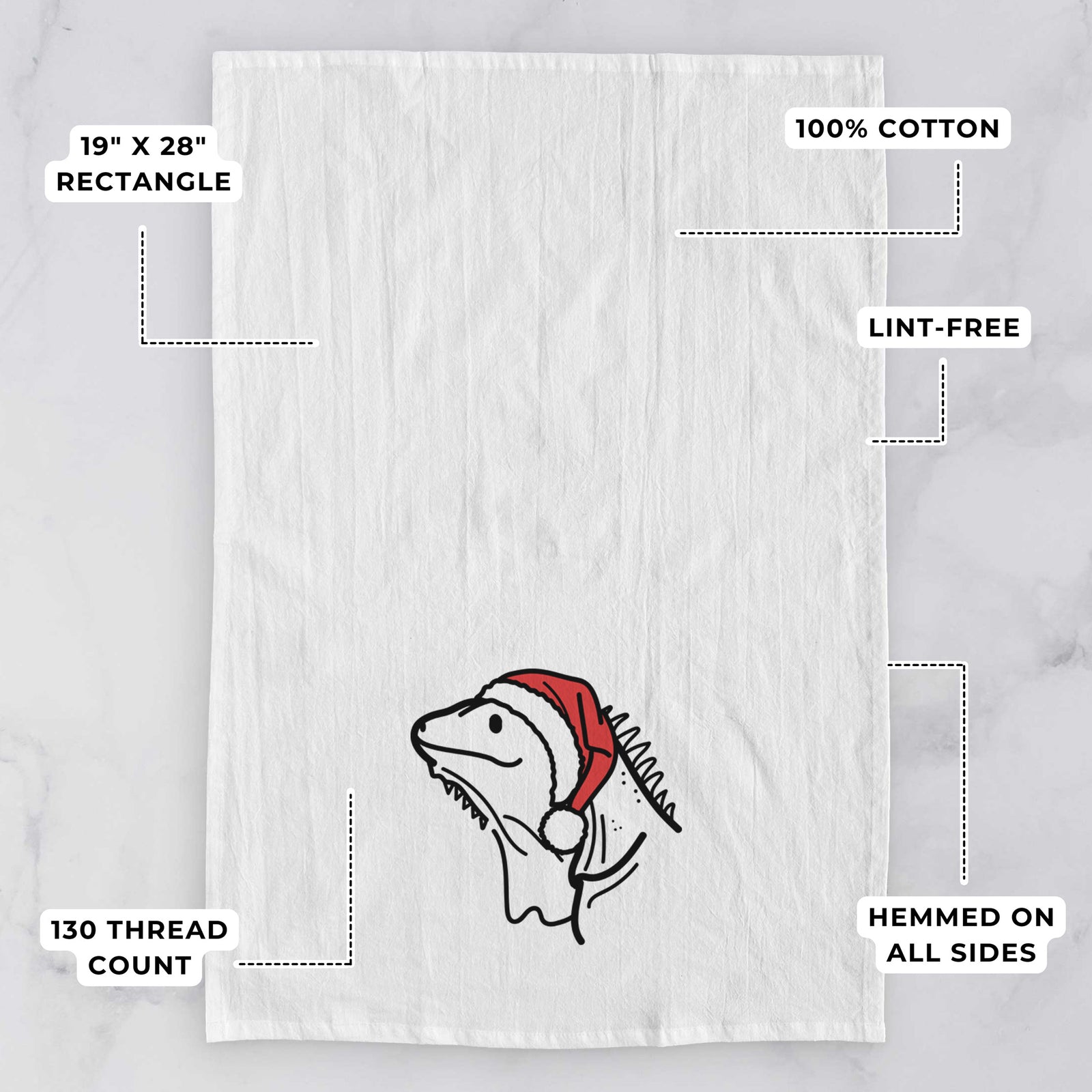 Minimalist line drawing of Louie the Iguana wearing a Santa hat on a tea towel, with feature callouts: 19 x 28 inch rectangle, 100% cotton, lint-free, 120 thread count, hemmed on all sides