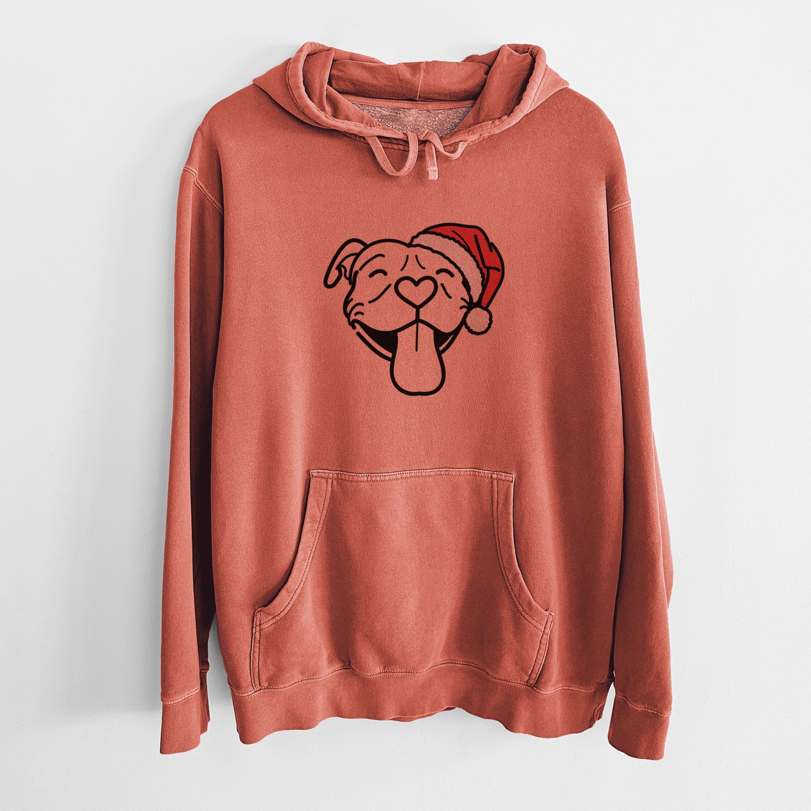 Minimalist line drawing of Louie the Pitbull wearing a Santa hat on an Amber Unisex pigment dyed hoodie