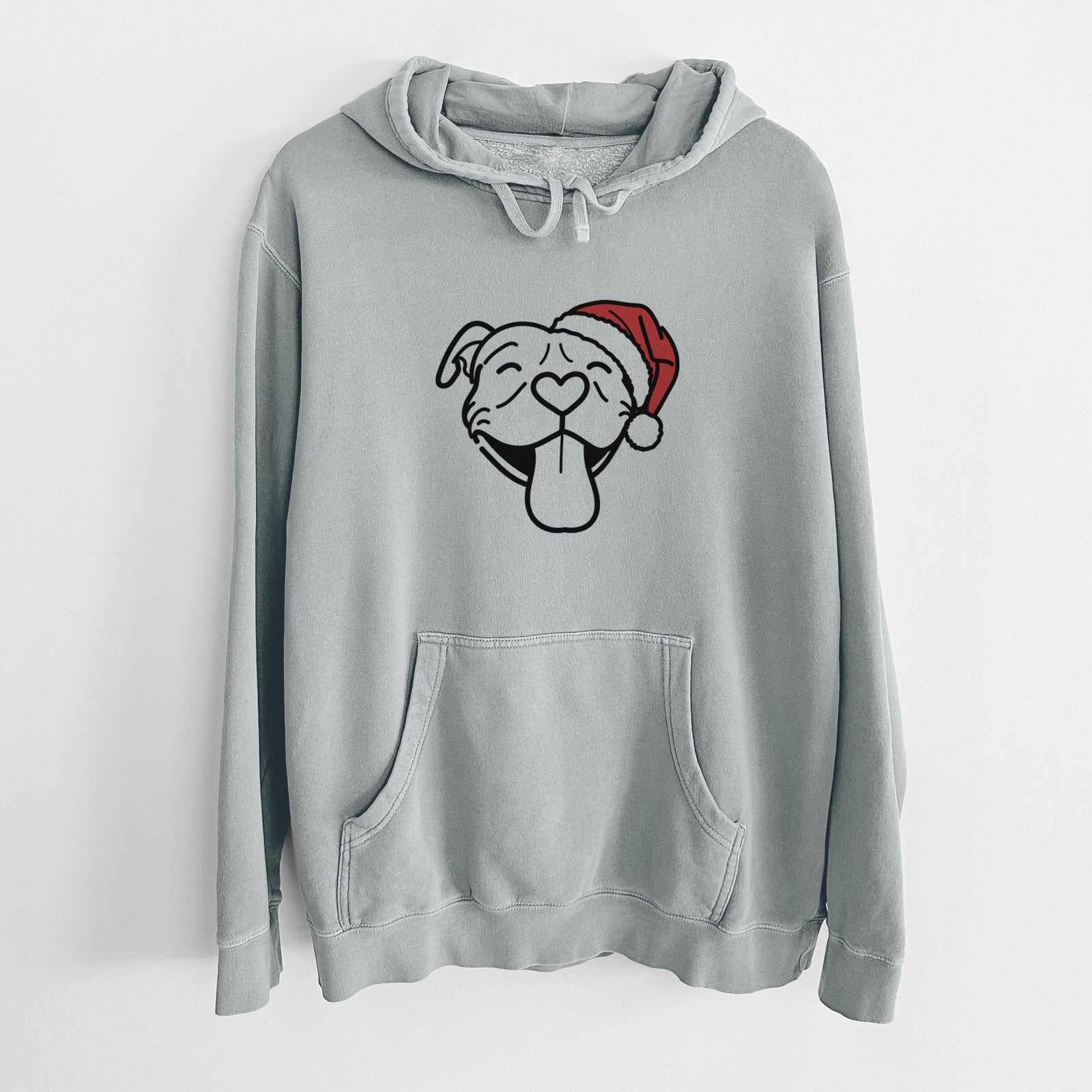 Minimalist line drawing of Louie the Pitbull wearing a Santa hat on a Sage Unisex pigment dyed hoodie