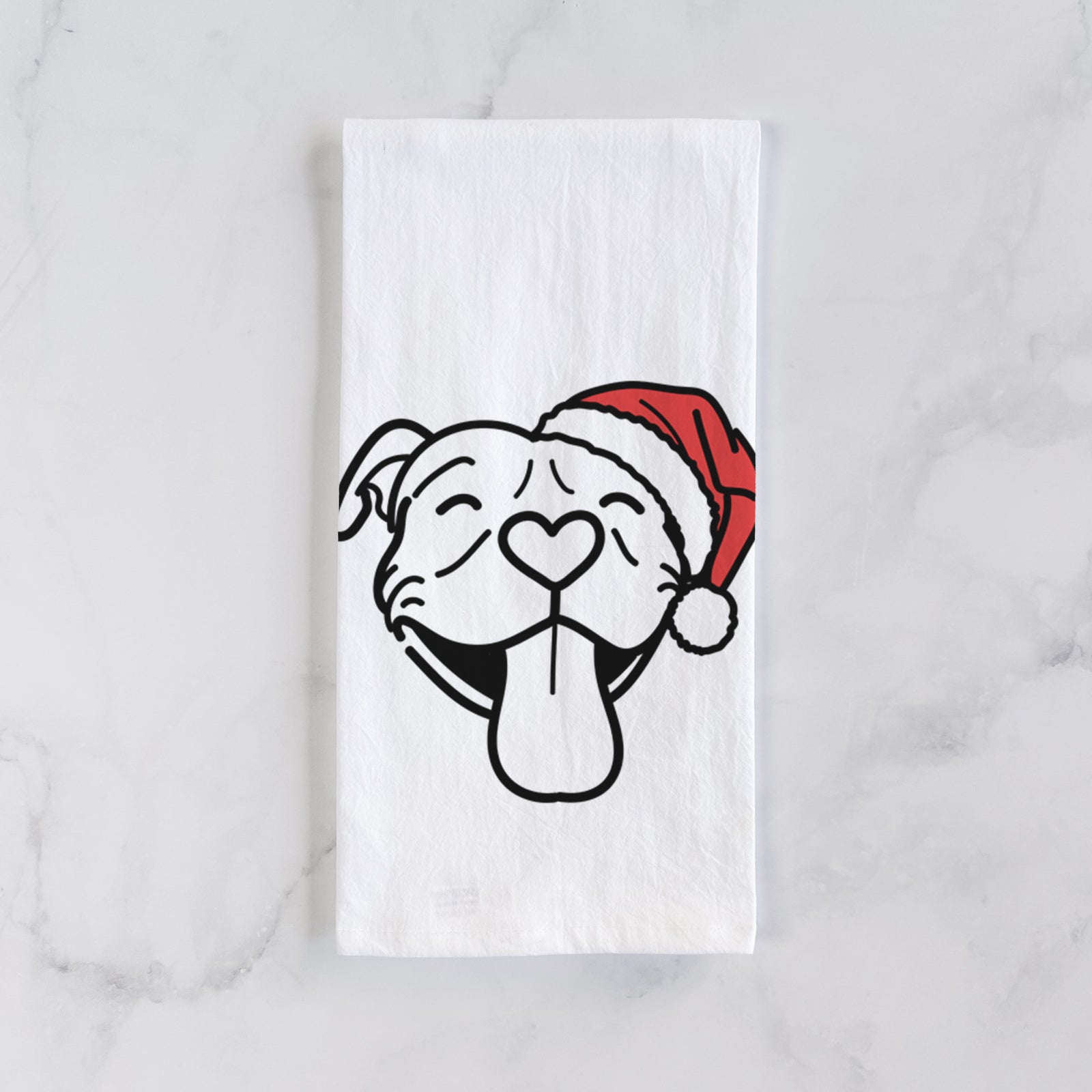 Minimalist line drawing of Louie the Pitbull wearing a Santa hat on a tea towel