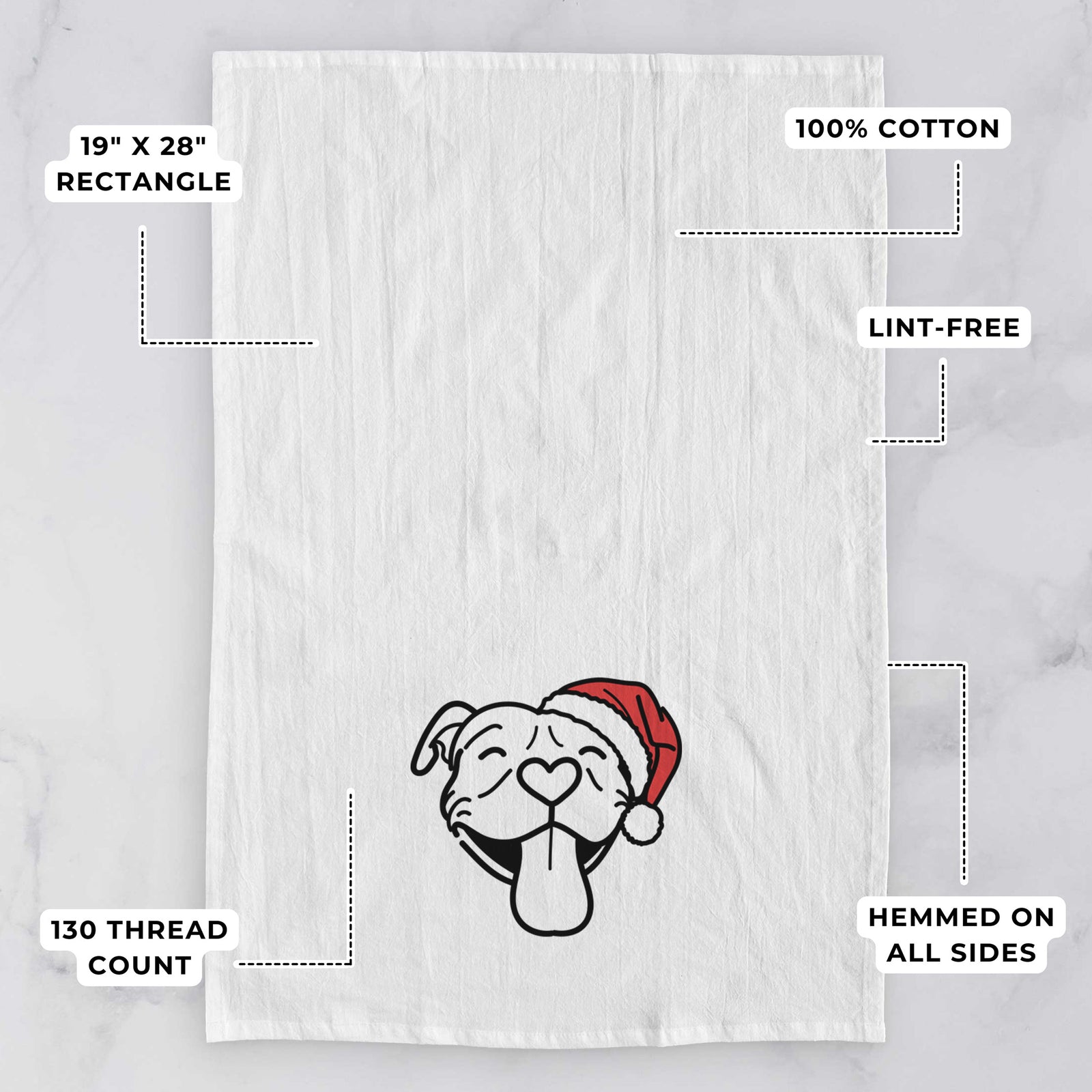 Minimalist line drawing of Louie the Pitbull wearing a Santa hat on a tea towel, with feature callouts: 19 x 28 inch rectangle, 100% cotton, lint-free, 120 thread count, hemmed on all sides