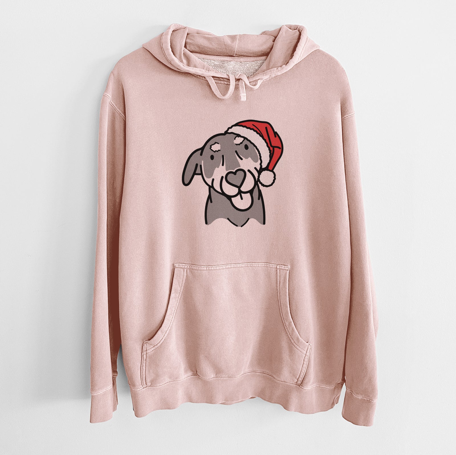Minimalist line drawing of Lousia the Mixed Breed wearing a Santa hat on a Dusty Pink Unisex pigment dyed hoodie