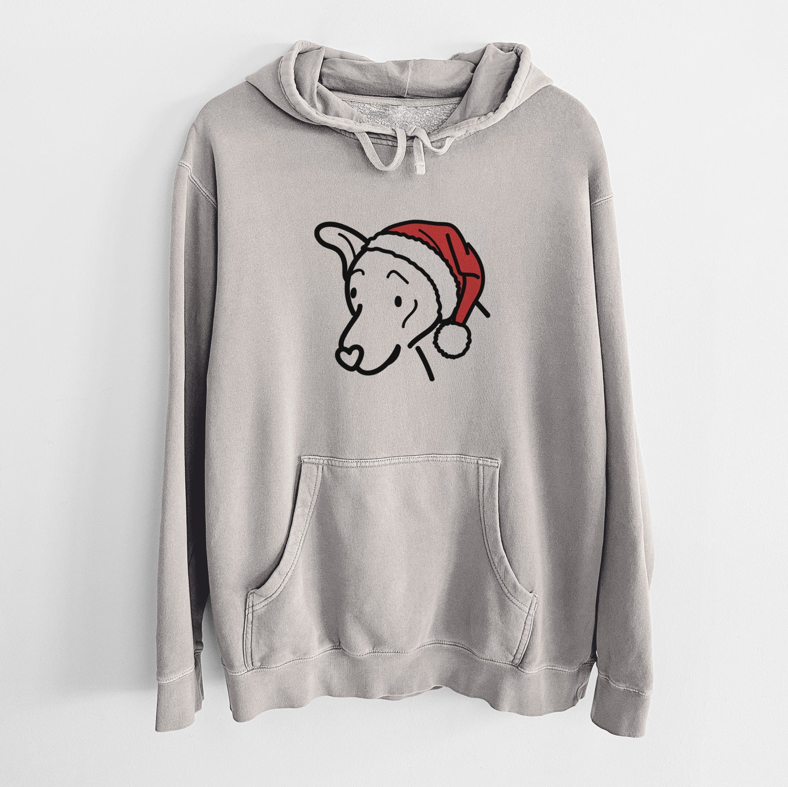 Minimalist line drawing of Lucky the Mixed Breed wearing a Santa hat on a Cement Unisex pigment dyed hoodie