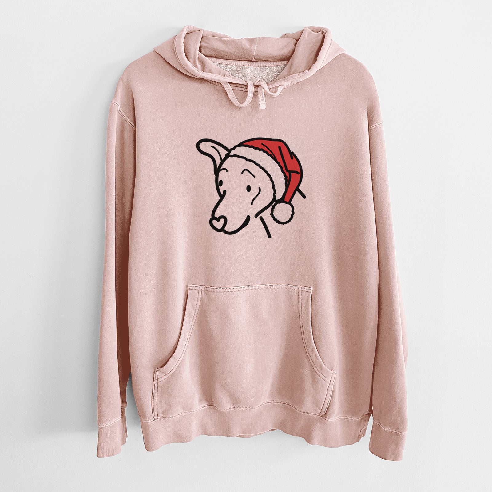 Minimalist line drawing of Lucky the Mixed Breed wearing a Santa hat on a Dusty Pink Unisex pigment dyed hoodie