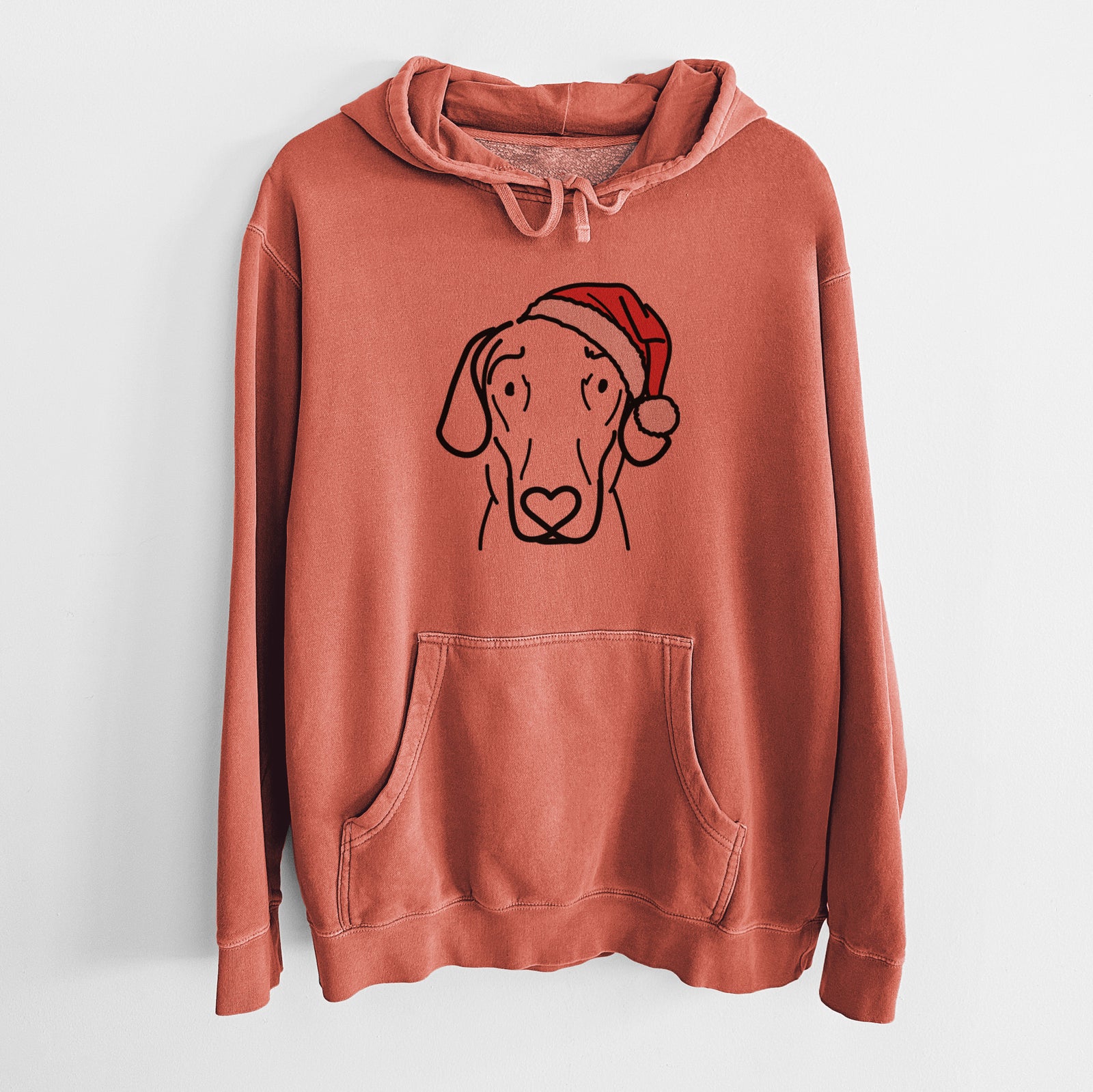 Minimalist line drawing of Lucy the Great Dane wearing a Santa hat on an Amber Unisex pigment dyed hoodie