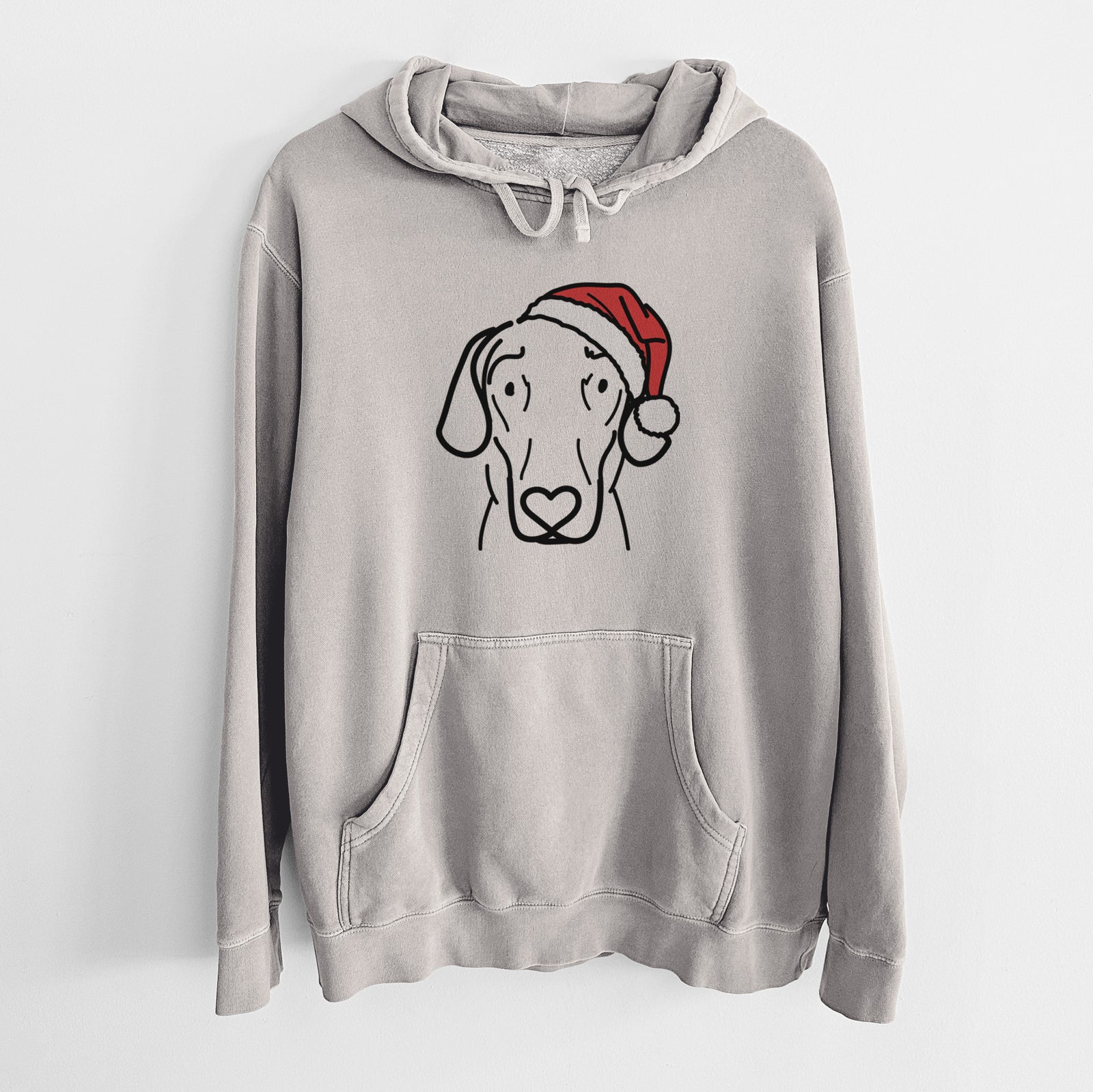 Minimalist line drawing of Lucy the Great Dane wearing a Santa hat on a Cement Unisex pigment dyed hoodie