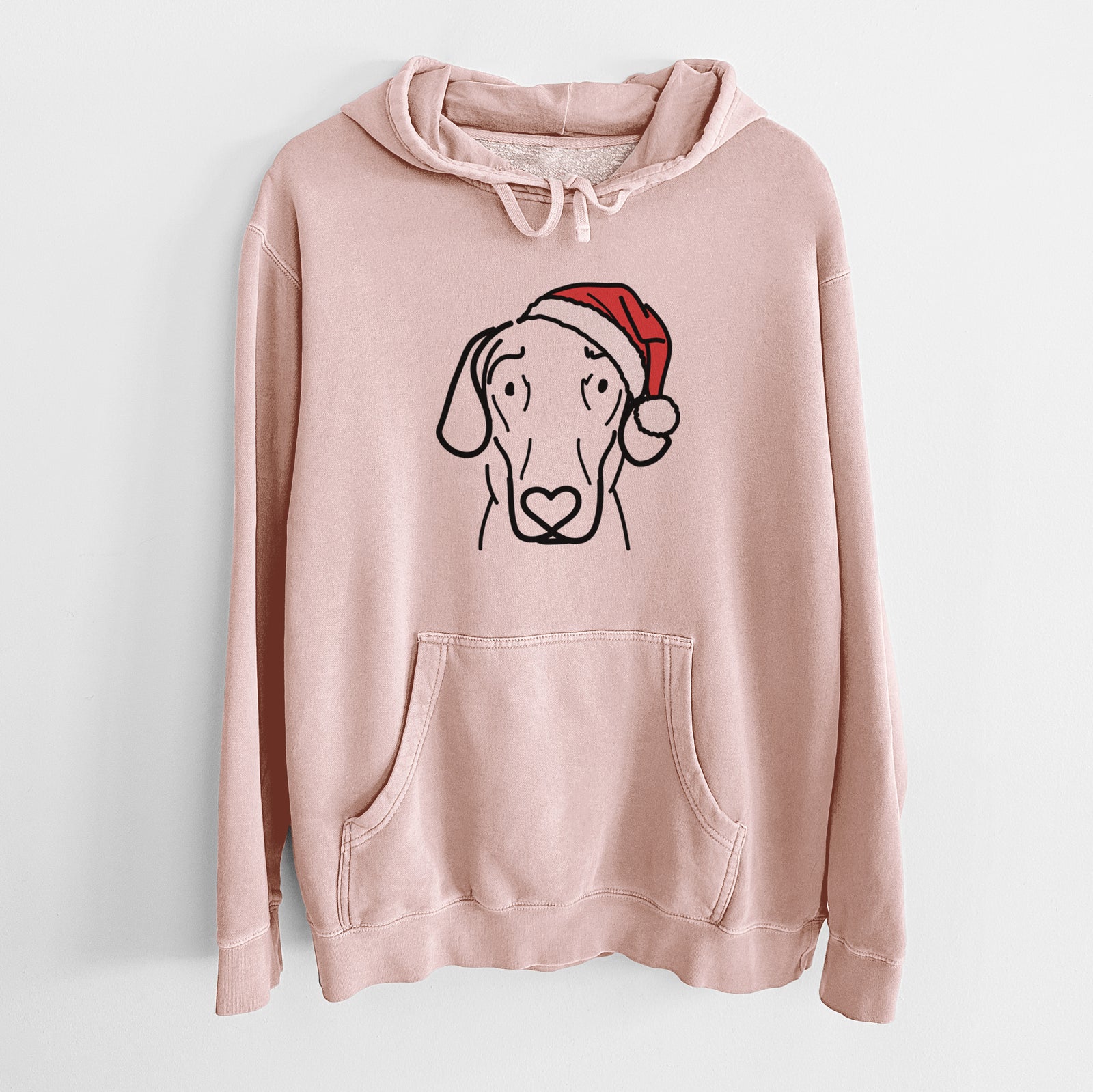 Minimalist line drawing of Lucy the Great Dane wearing a Santa hat on a Dusty Pink Unisex pigment dyed hoodie