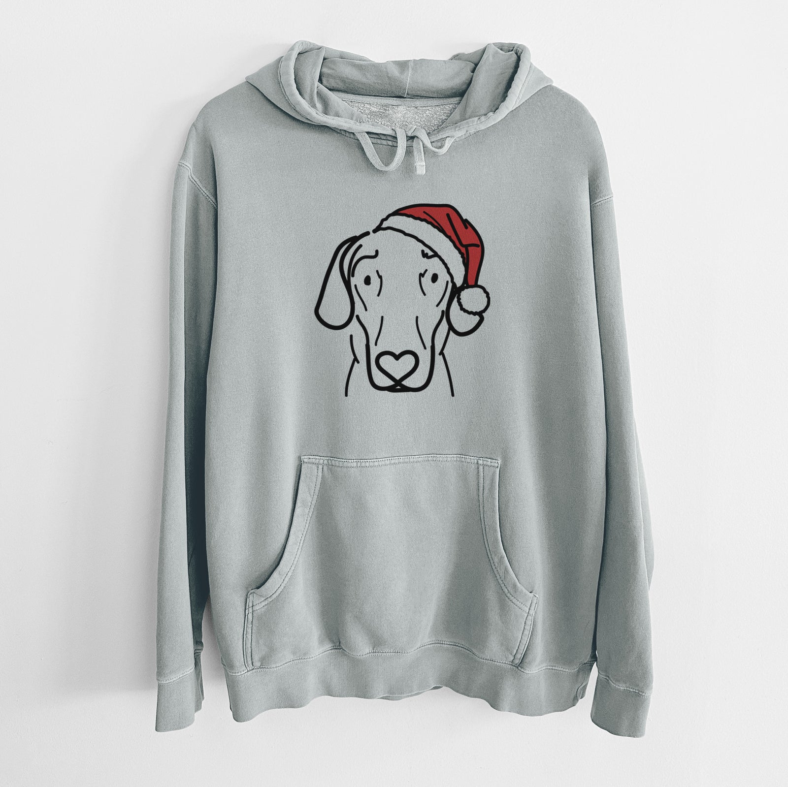 Minimalist line drawing of Lucy the Great Dane wearing a Santa hat on a Sage Unisex pigment dyed hoodie