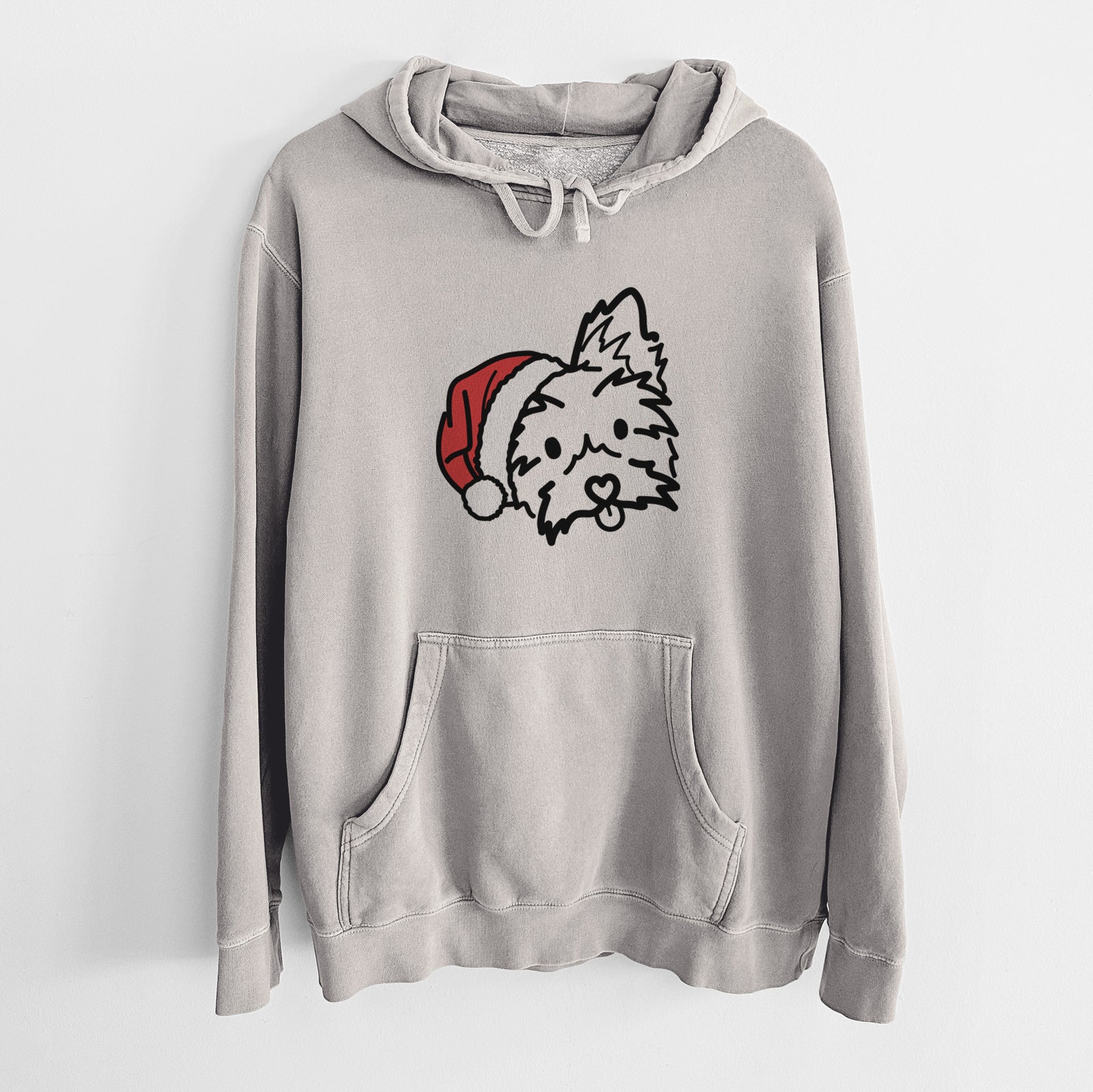 Minimalist line drawing of Luna the Yorkshire Terrier wearing a Santa hat on a Cement Unisex pigment dyed hoodie