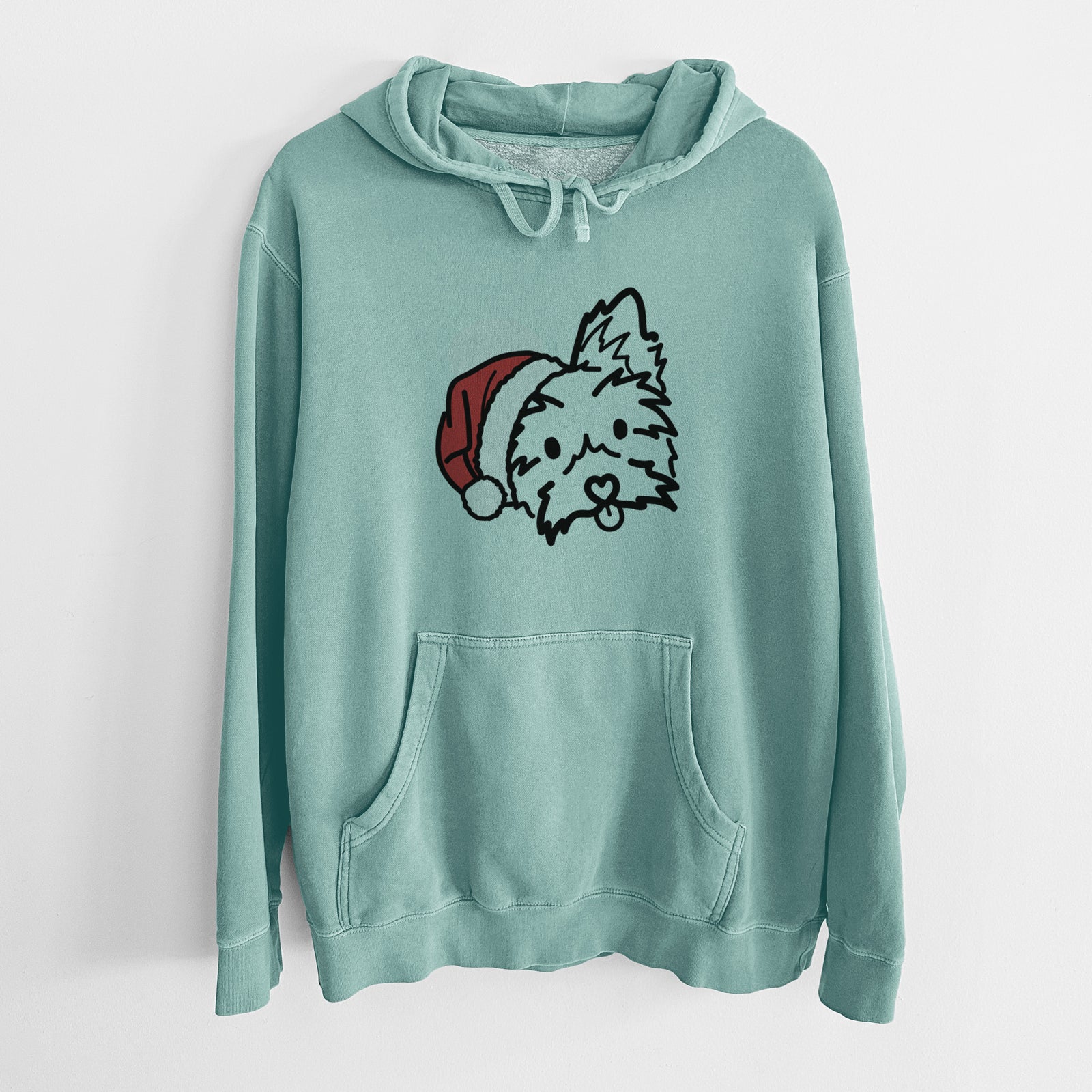 Minimalist line drawing of Luna the Yorkshire Terrier wearing a Santa hat on a Mint Unisex pigment dyed hoodie
