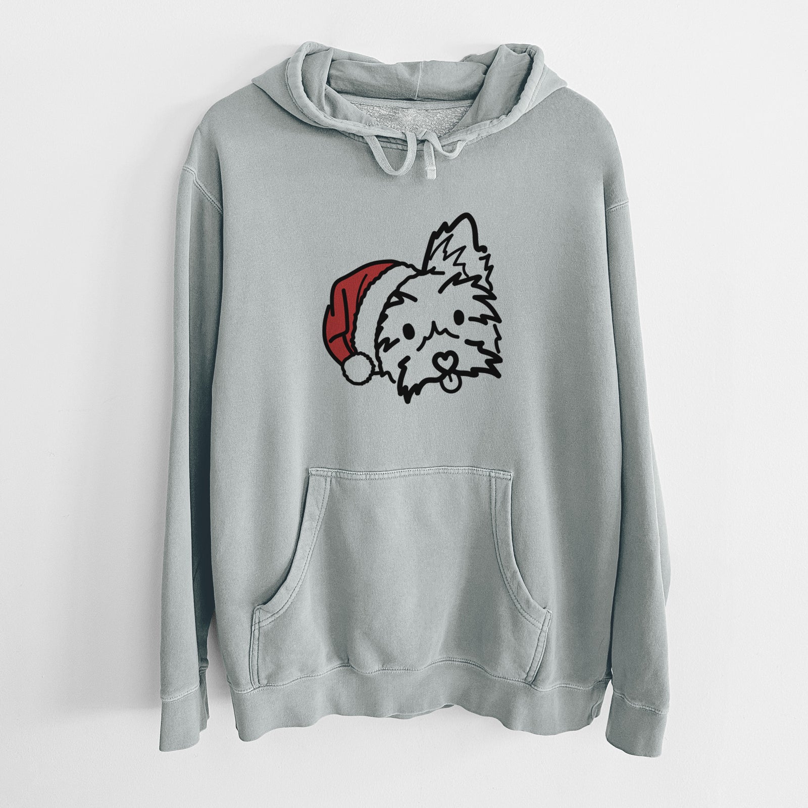 Minimalist line drawing of Luna the Yorkshire Terrier wearing a Santa hat on a Sage Unisex pigment dyed hoodie