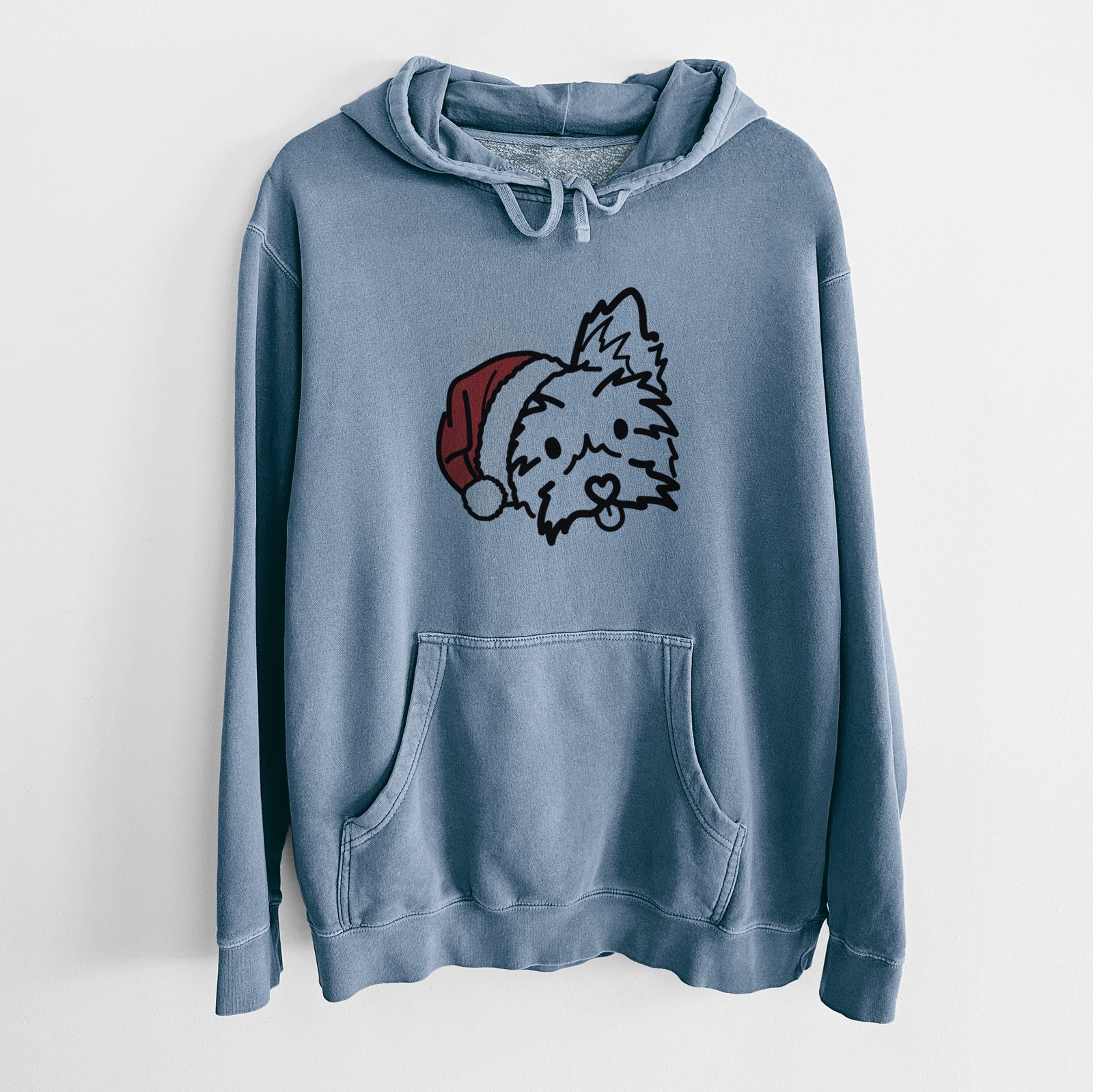 Minimalist line drawing of Luna the Yorkshire Terrier wearing a Santa hat on a Slate Blue Unisex pigment dyed hoodie