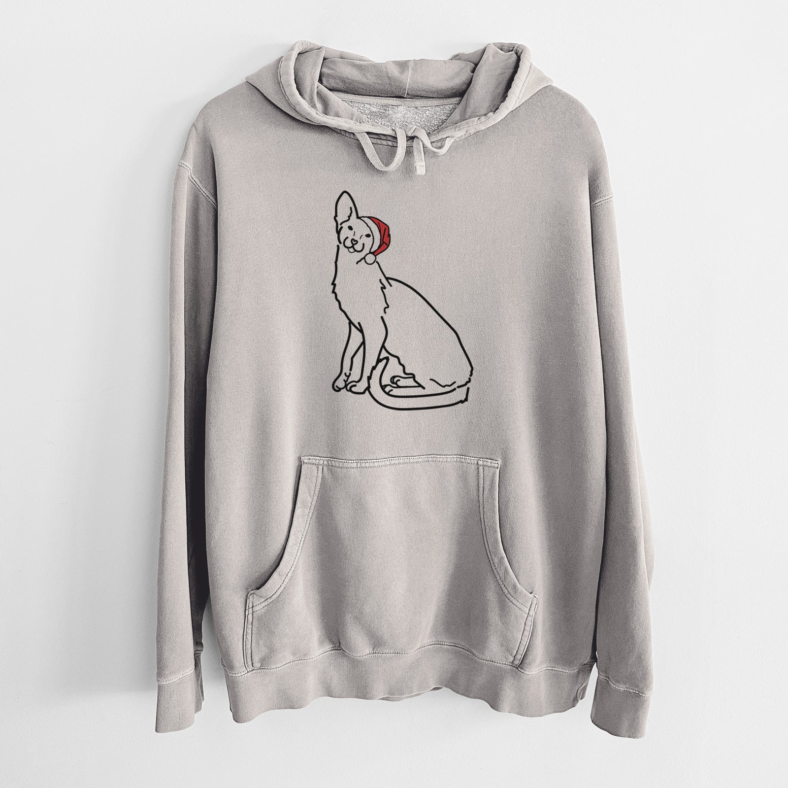 Minimalist line drawing of Lyra the Oriental Shorthair Cat wearing a Santa hat on a Cement Unisex pigment dyed hoodie