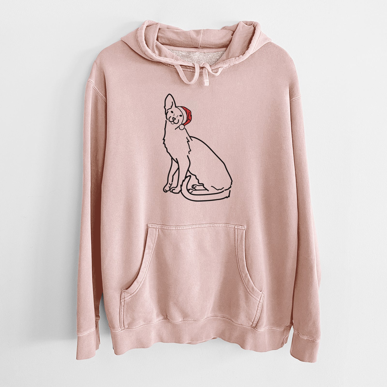 Minimalist line drawing of Lyra the Oriental Shorthair Cat wearing a Santa hat on a Dusty Pink Unisex pigment dyed hoodie