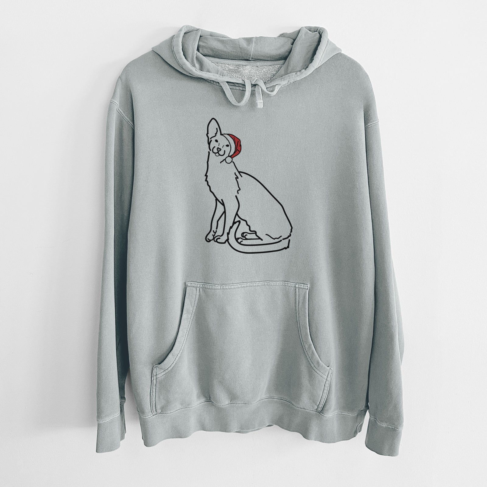 Minimalist line drawing of Lyra the Oriental Shorthair Cat wearing a Santa hat on a Sage Unisex pigment dyed hoodie