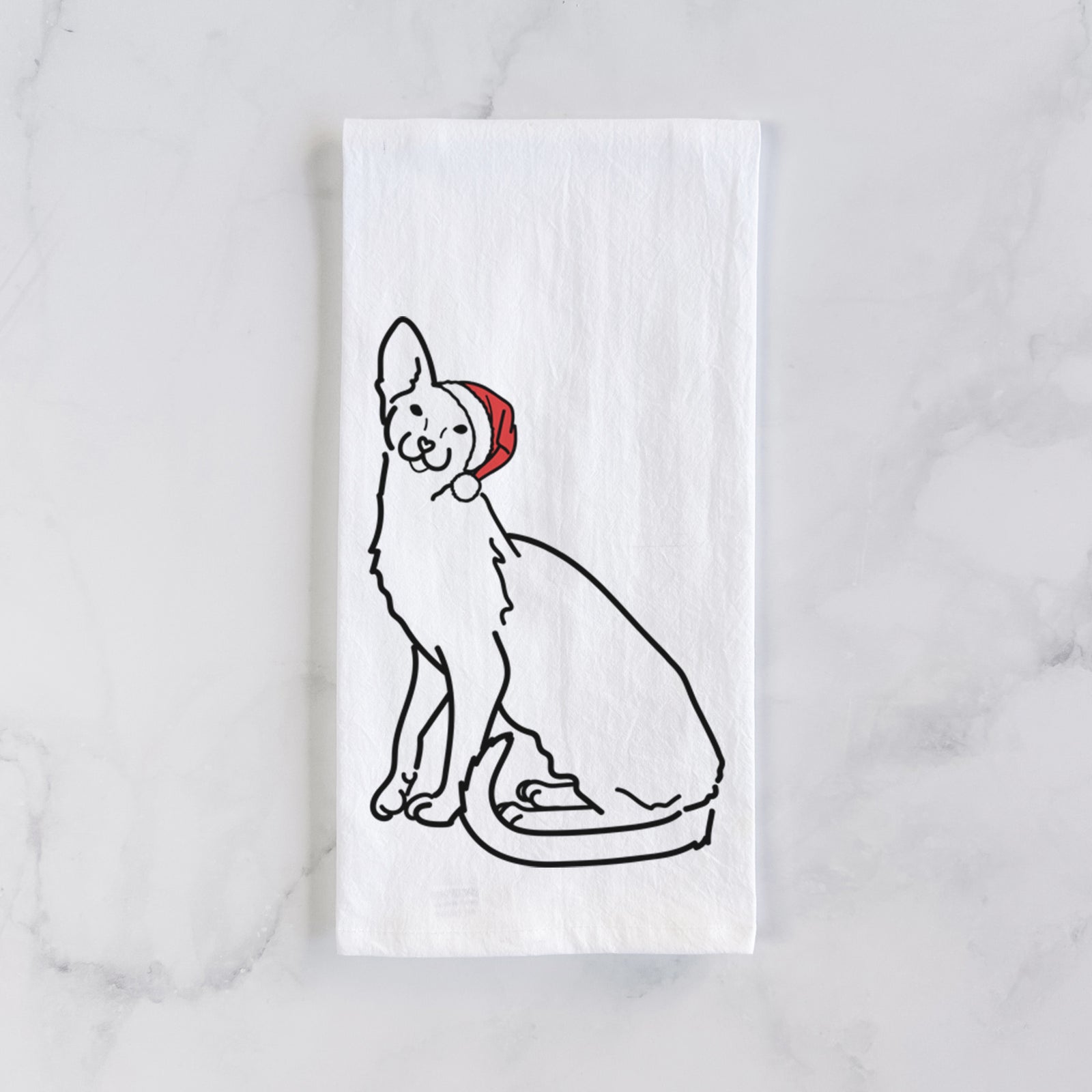 Minimalist line drawing of Lyra the Oriental Shorthair Cat wearing a Santa hat on a tea towel