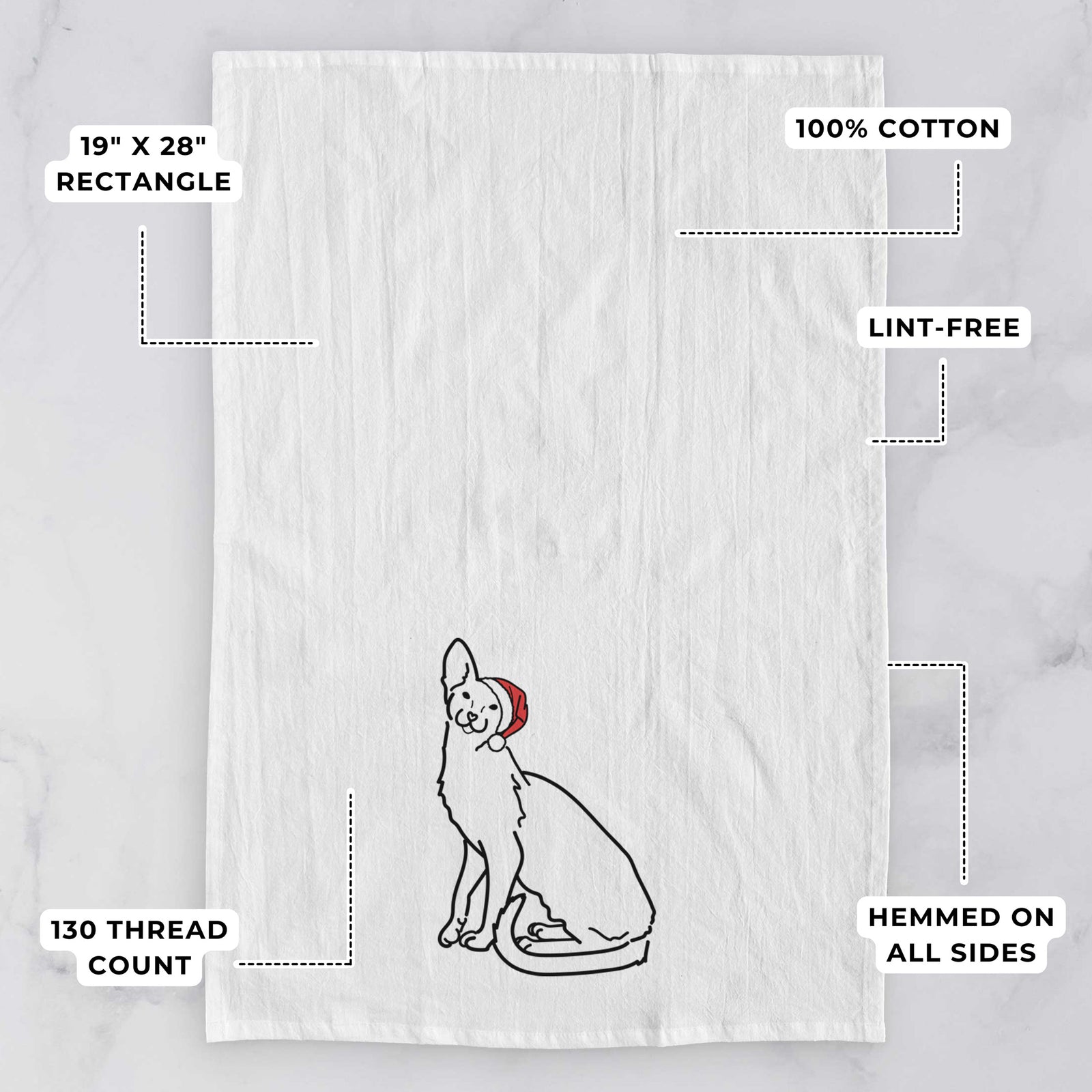 Minimalist line drawing of Lyra the Oriental Shorthair Cat wearing a Santa hat on a tea towel, with feature callouts: 19 x 28 inch rectangle, 100% cotton, lint-free, 120 thread count, hemmed on all sides