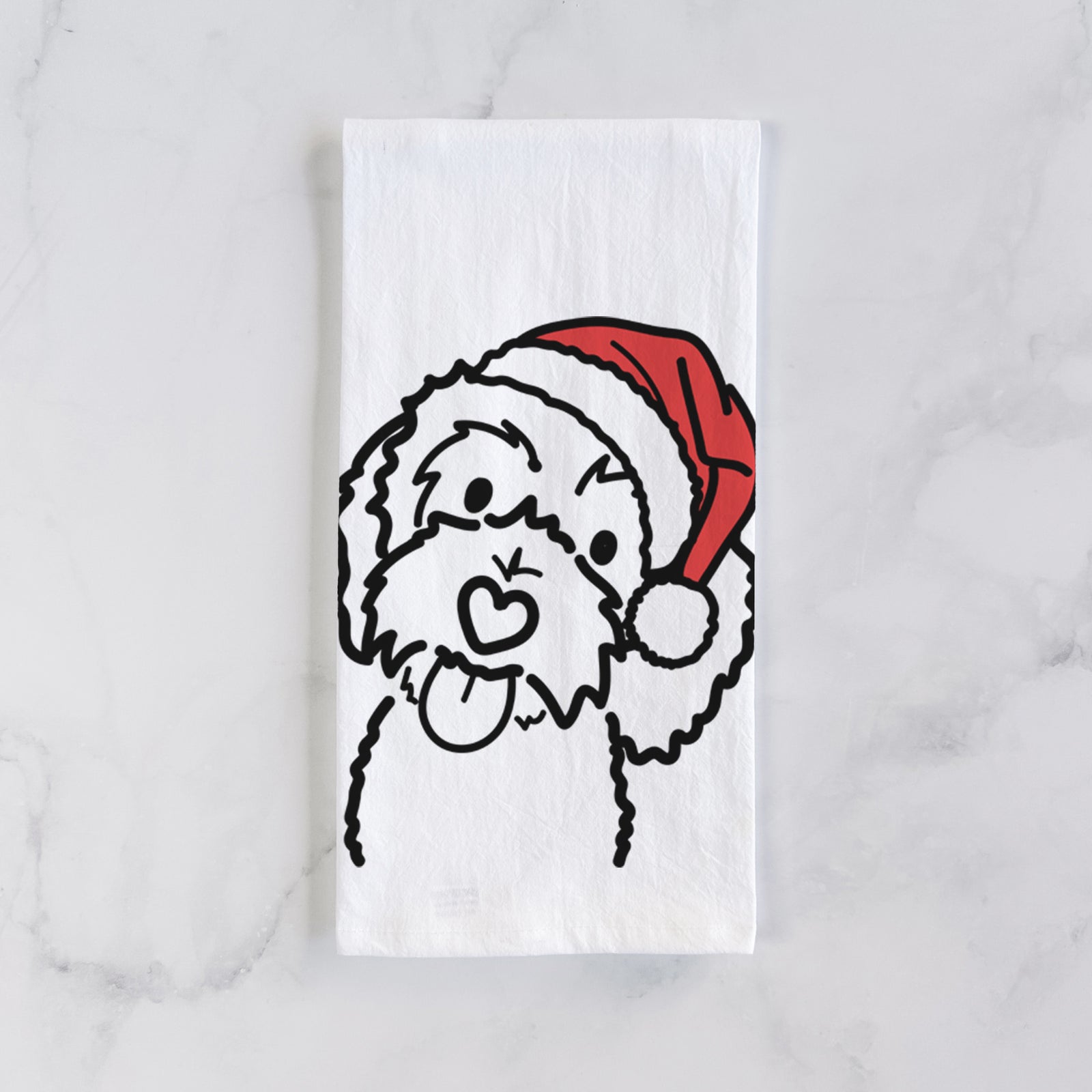 Minimalist line drawing of Mabel the Bernedoodle wearing a Santa hat on a tea towel