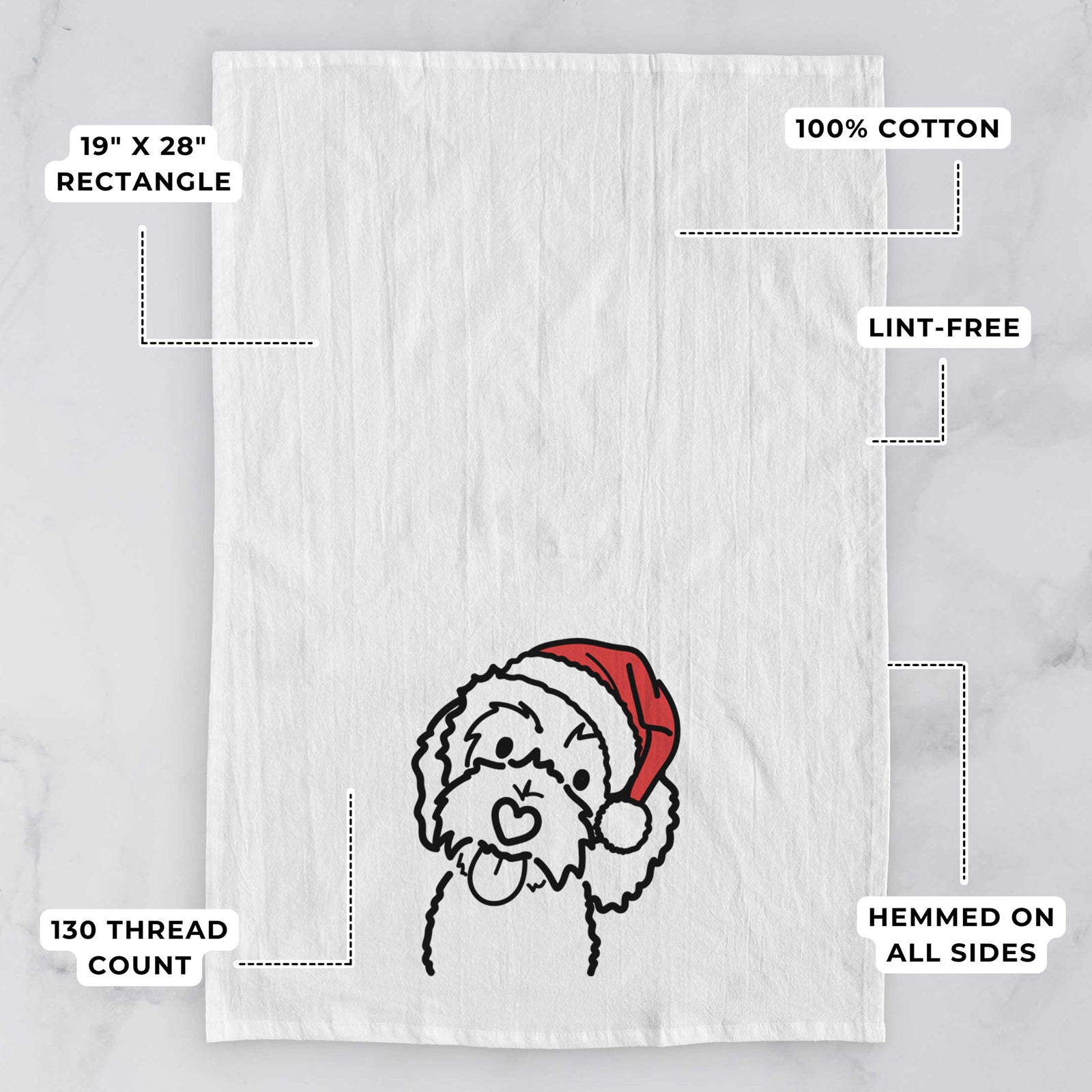Minimalist line drawing of Mabel the Bernedoodle wearing a Santa hat on a tea towel, with feature callouts: 19 x 28 inch rectangle, 100% cotton, lint-free, 120 thread count, hemmed on all sides