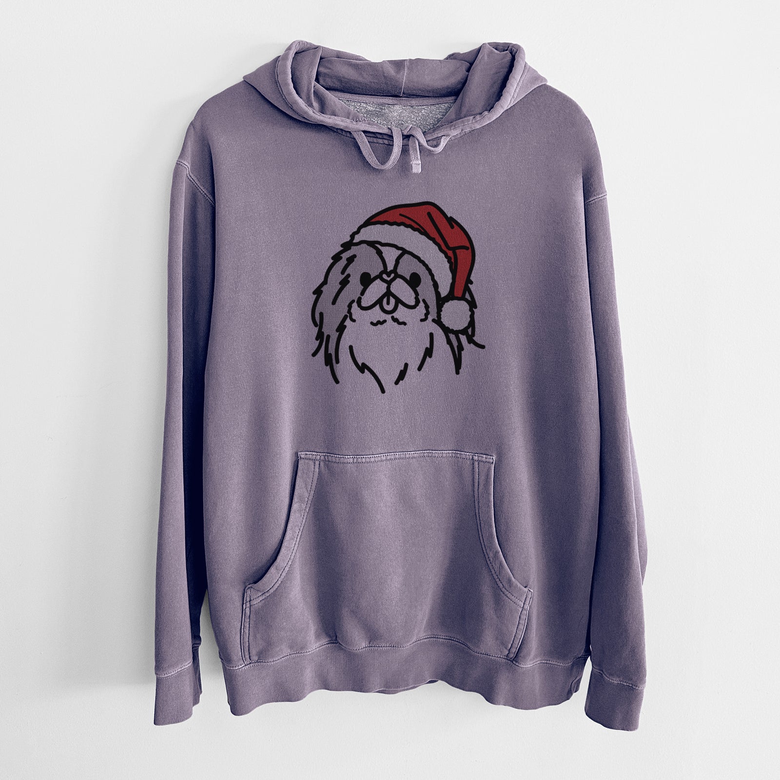 Minimalist line drawing of Macha the Japanese Chin wearing a Santa hat on a Plum Unisex pigment dyed hoodie