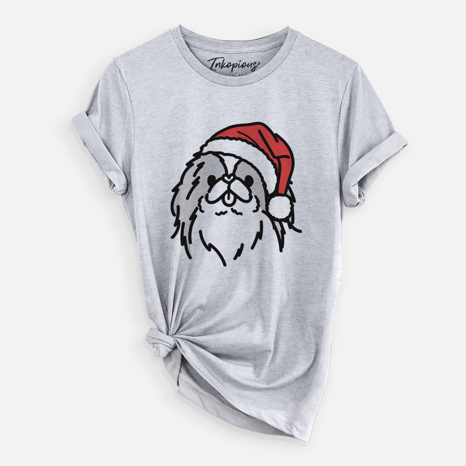 Minimalist line drawing of Macha the Japanese Chin wearing a Santa hat on a Grey Unisex crewneck