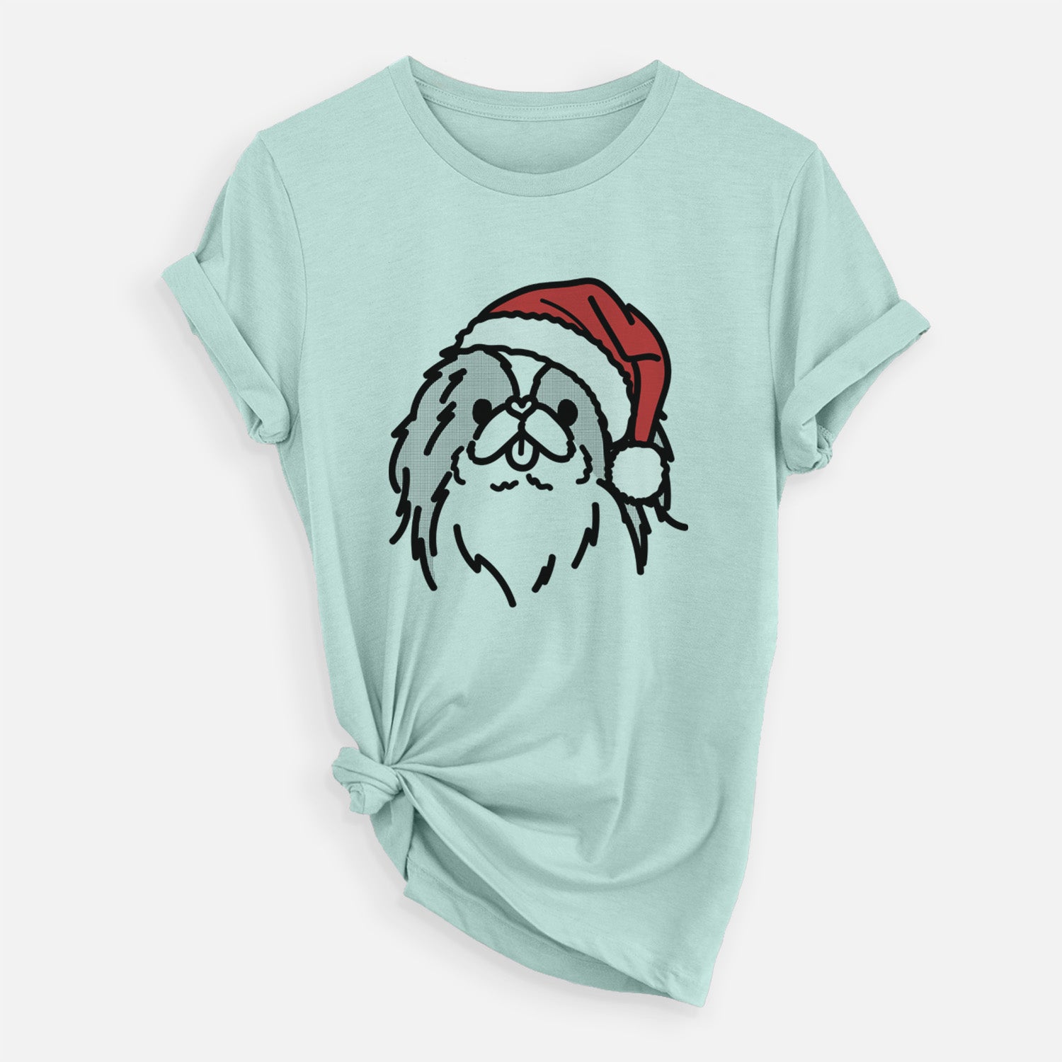 Minimalist line drawing of Macha the Japanese Chin wearing a Santa hat on a Heather Sage Unisex crewneck