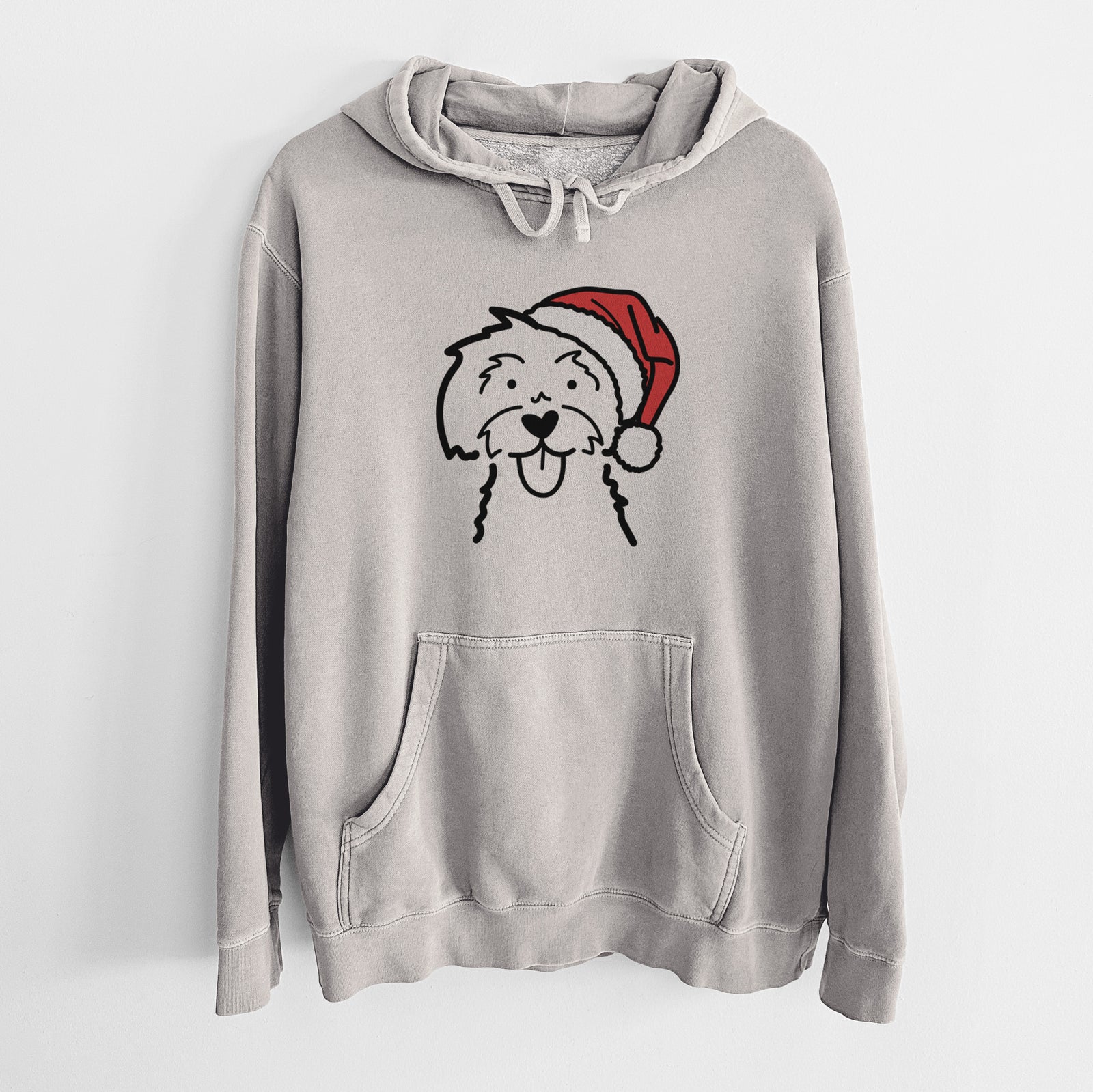 Minimalist line drawing of a Maltese wearing a Santa hat on a Cement Unisex pigment dyed hoodie