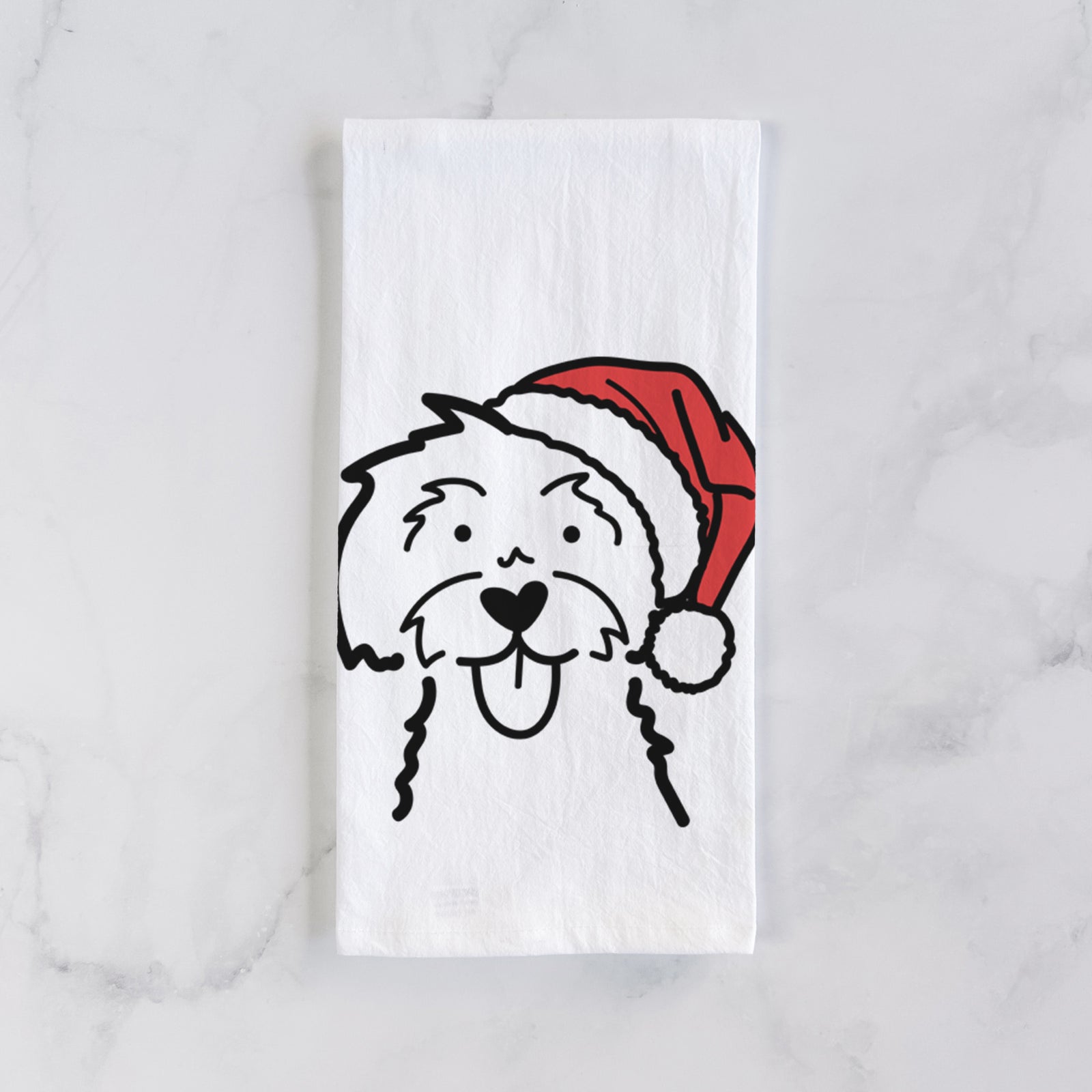 Minimalist line drawing of a Maltese wearing a Santa hat on a tea towel