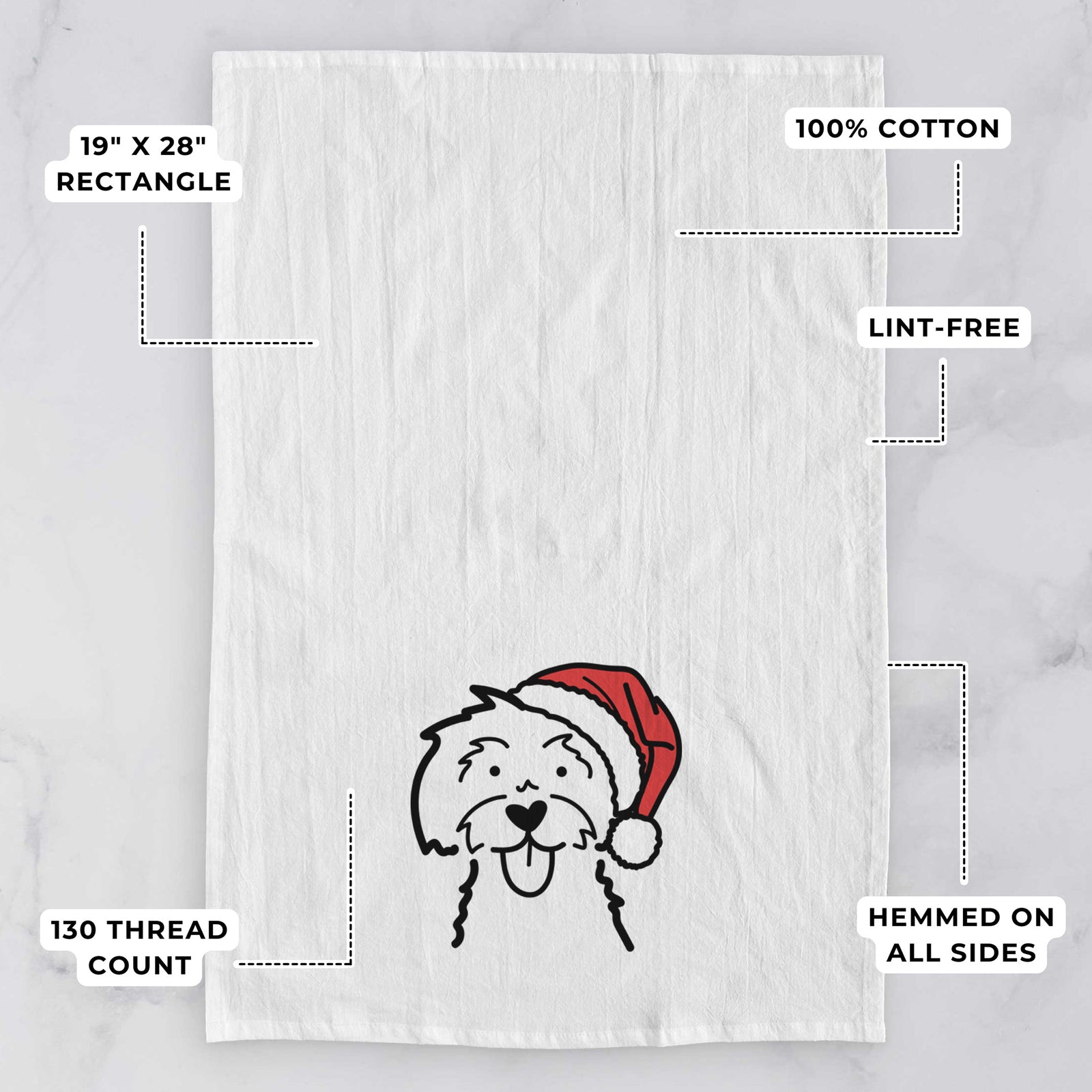 Minimalist line drawing of a Maltese wearing a Santa hat on a tea towel, with feature callouts: 19 x 28 inch rectangle, 100% cotton, lint-free, 120 thread count, hemmed on all sides