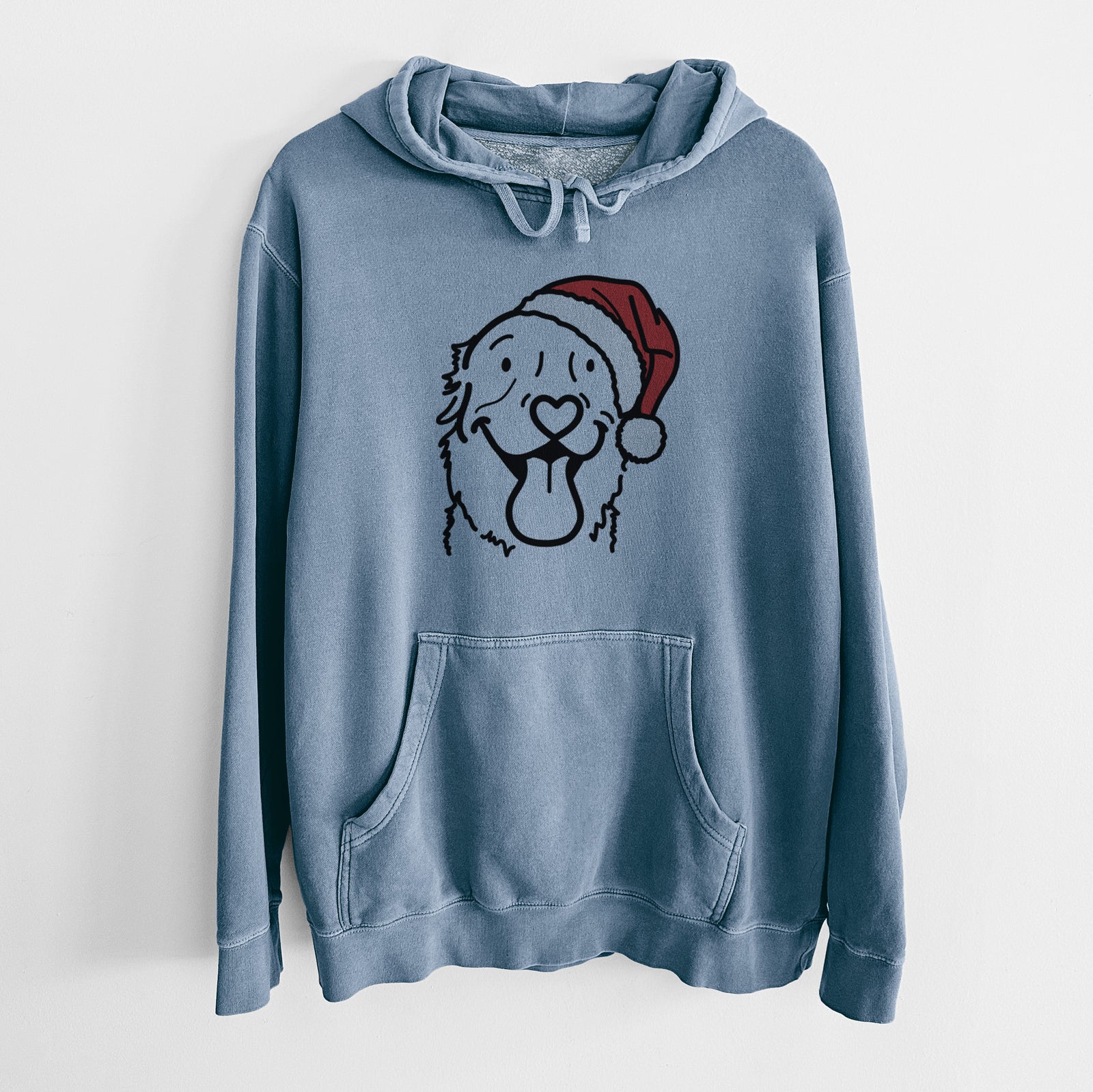 Minimalist line drawing of Maple the Golden Retriever wearing a Santa hat on a Slate Blue Unisex pigment dyed hoodie