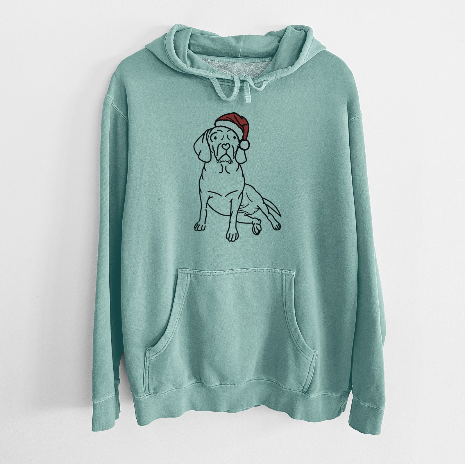 Minimalist line drawing of Mayble the Puggle wearing a Santa hat on a Mint Unisex pigment dyed hoodie