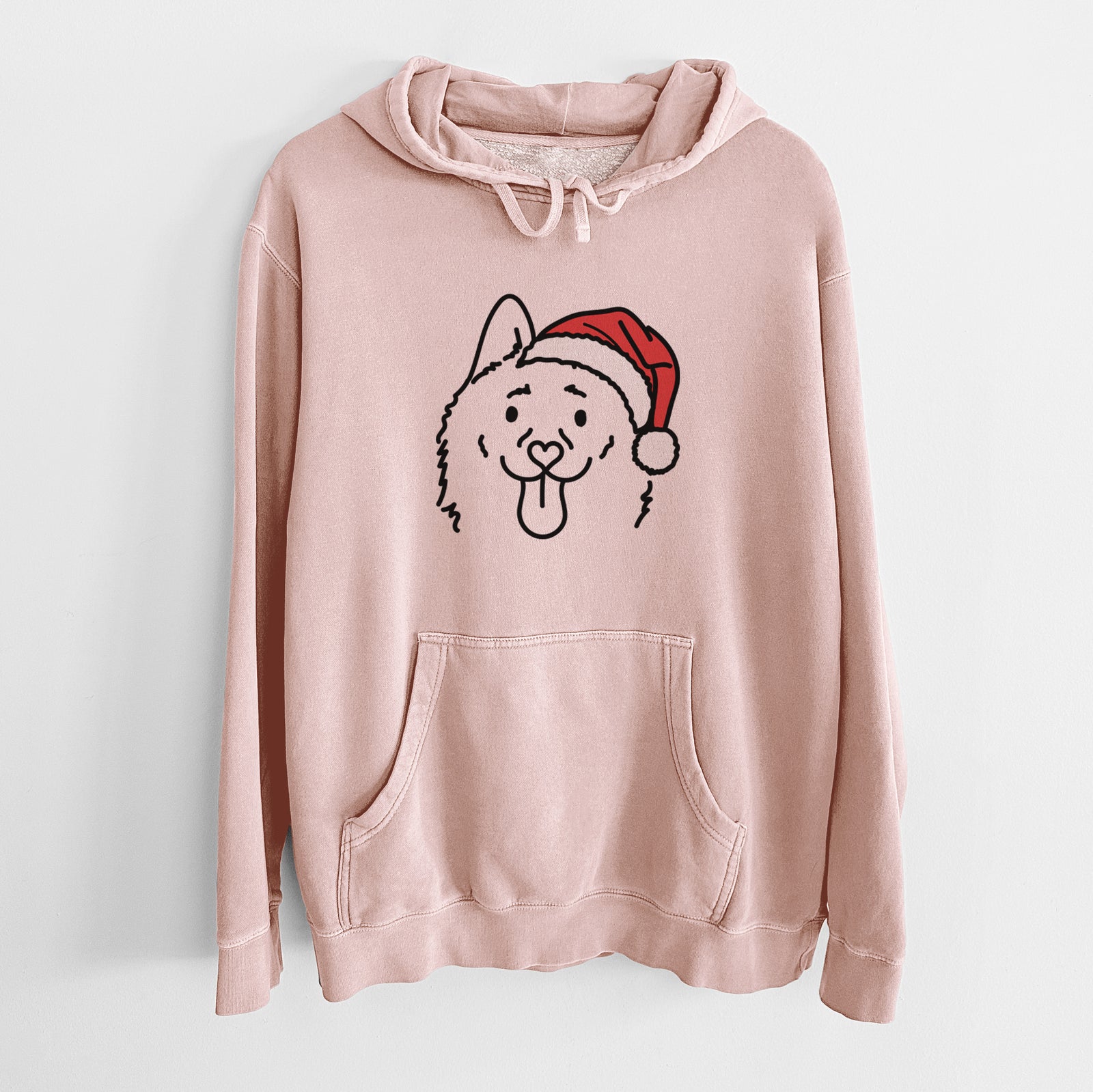 Minimalist line drawing of Meeko the Schipperke wearing a Santa hat on a Dusty Pink Unisex pigment dyed hoodie