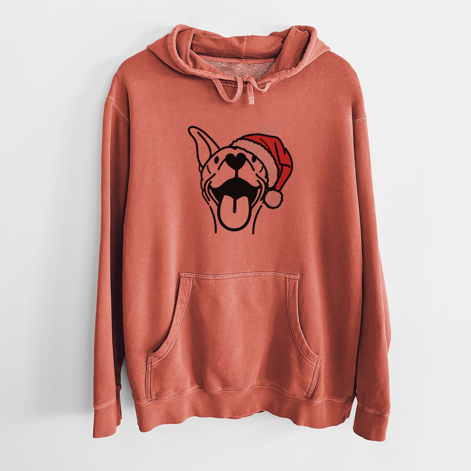 Minimalist line drawing of Merlin the Basenji wearing a Santa hat on an Amber Unisex pigment dyed hoodie