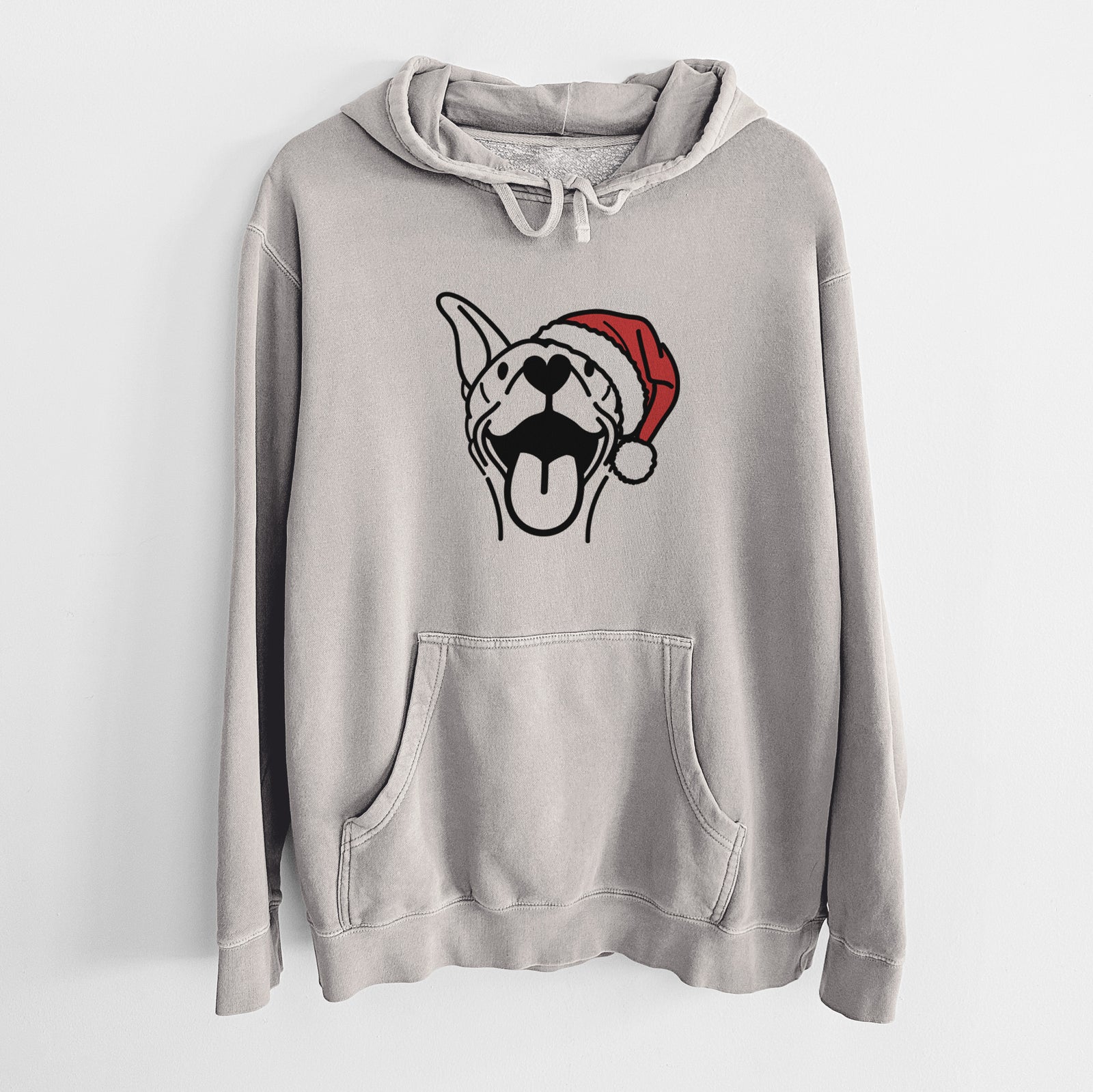 Minimalist line drawing of Merlin the Basenji wearing a Santa hat on a Cement Unisex pigment dyed hoodie
