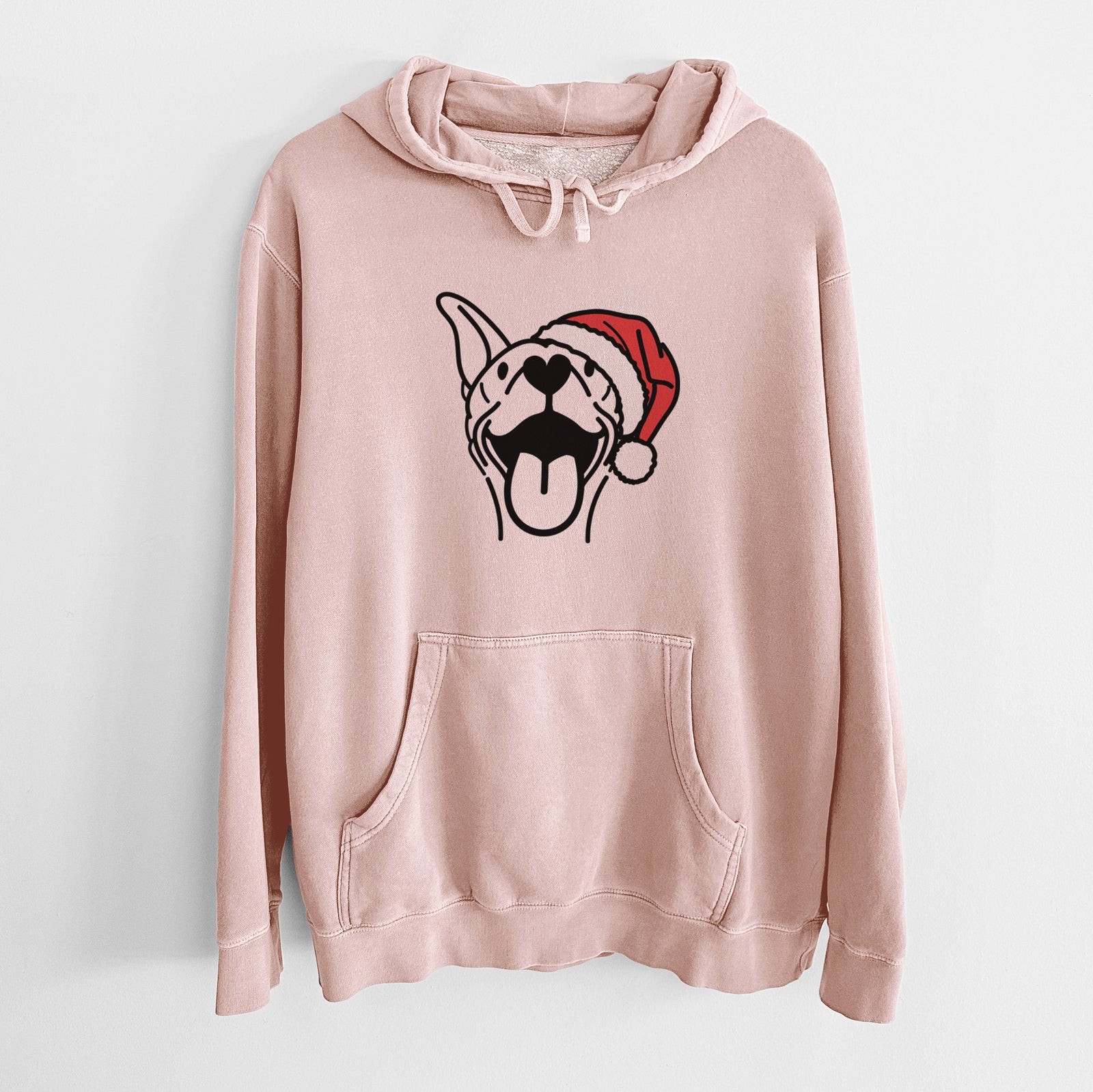 Minimalist line drawing of Merlin the Basenji wearing a Santa hat on a Dusty Pink Unisex pigment dyed hoodie