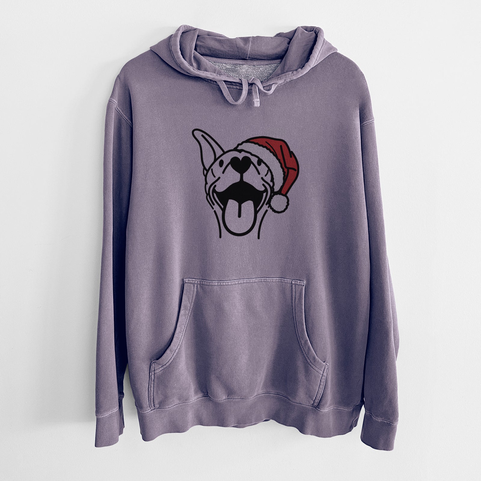 Minimalist line drawing of Merlin the Basenji wearing a Santa hat on a Plum Unisex pigment dyed hoodie