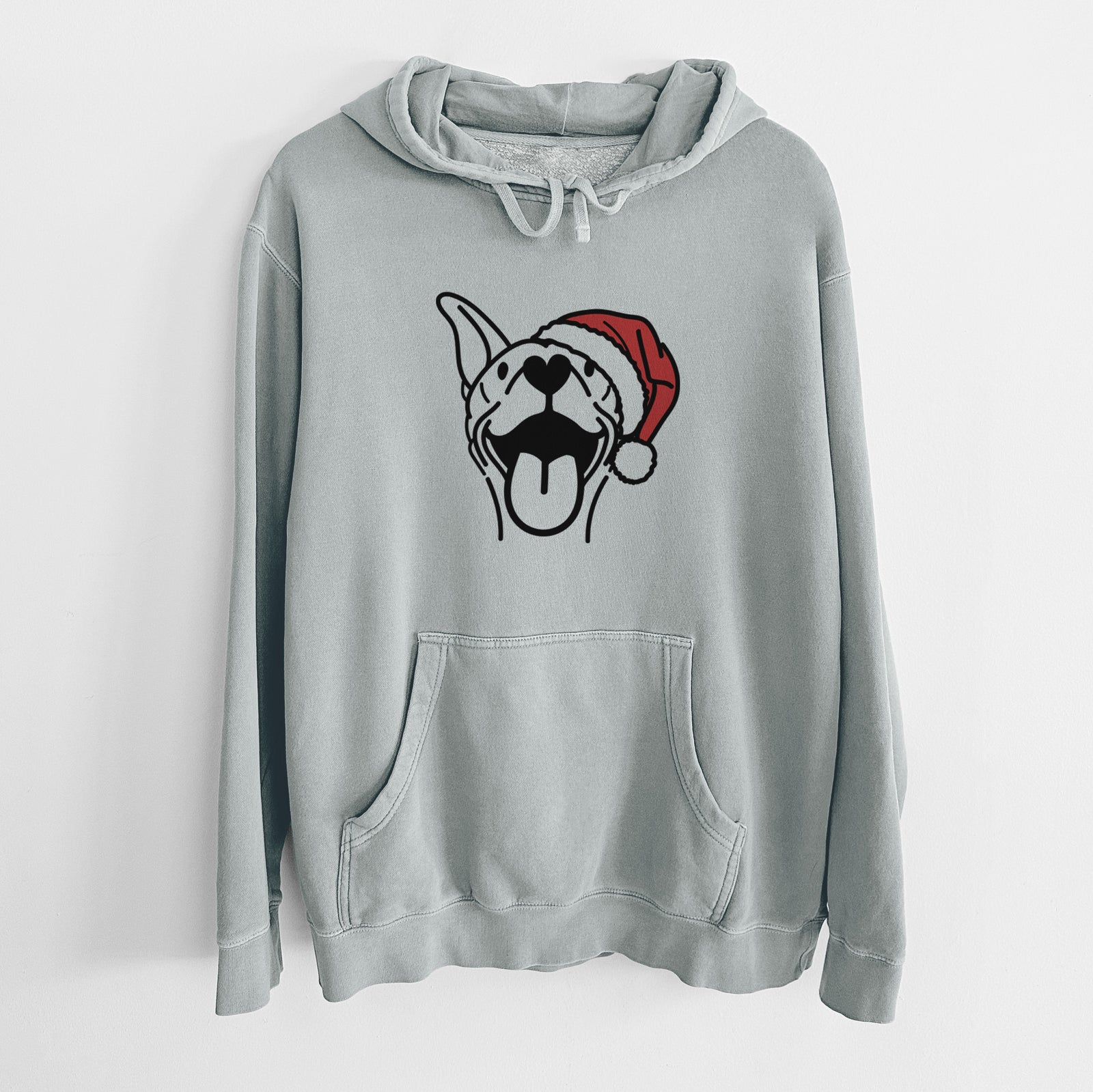 Minimalist line drawing of Merlin the Basenji wearing a Santa hat on a Sage Unisex pigment dyed hoodie