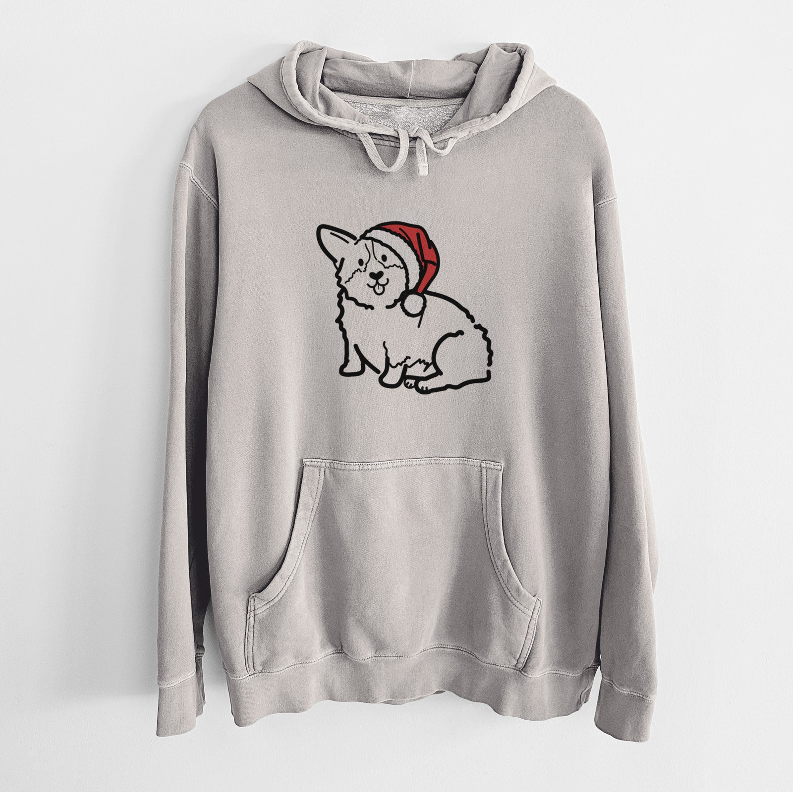 Minimalist line drawing of Millie the Pembroke Welsh Corgi wearing a Santa hat on a Cement Unisex pigment dyed hoodie