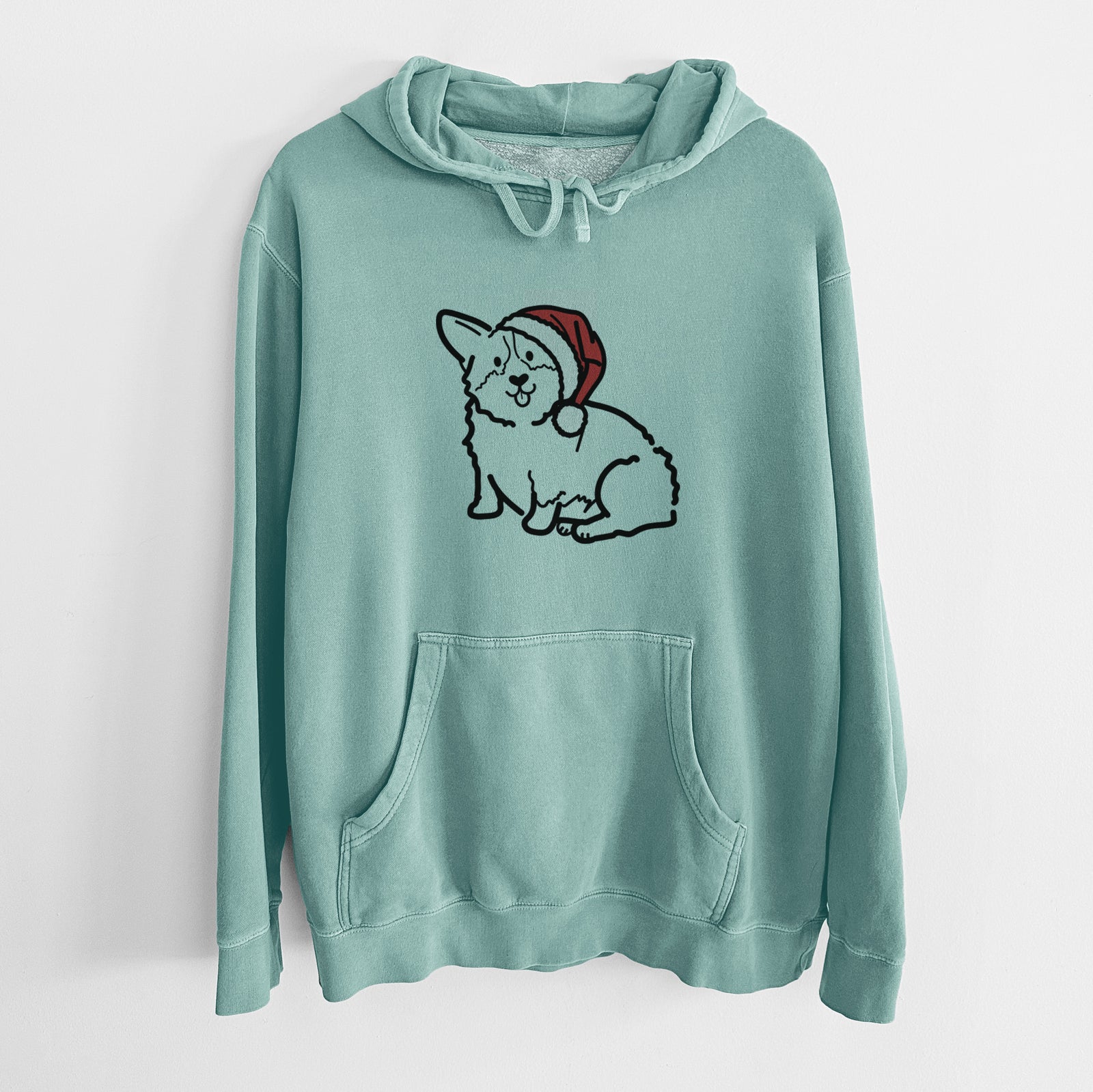Minimalist line drawing of Millie the Pembroke Welsh Corgi wearing a Santa hat on a Mint Unisex pigment dyed hoodie