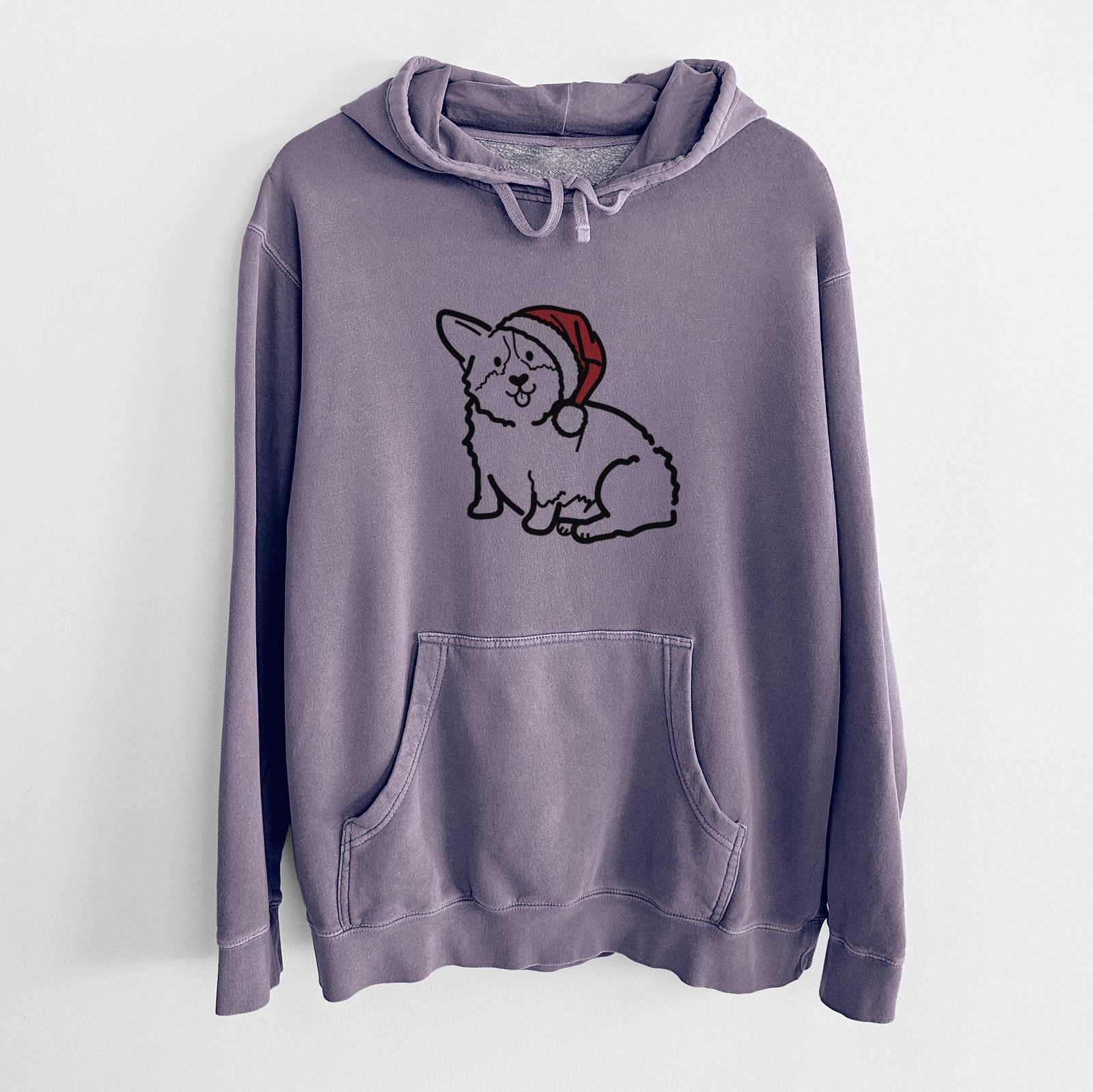 Minimalist line drawing of Millie the Pembroke Welsh Corgi wearing a Santa hat on a Plum Unisex pigment dyed hoodie