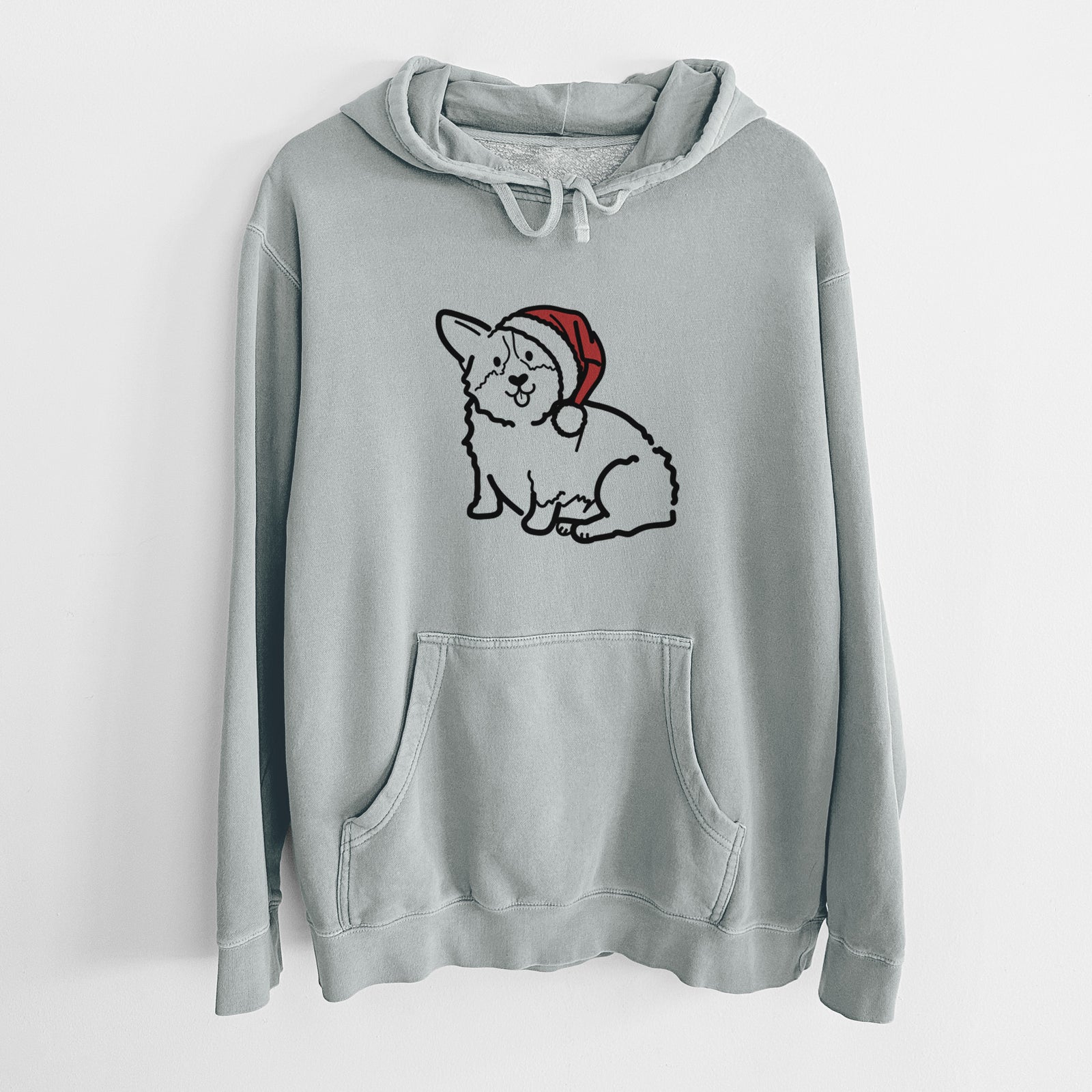 Minimalist line drawing of Millie the Pembroke Welsh Corgi wearing a Santa hat on a Sage Unisex pigment dyed hoodie