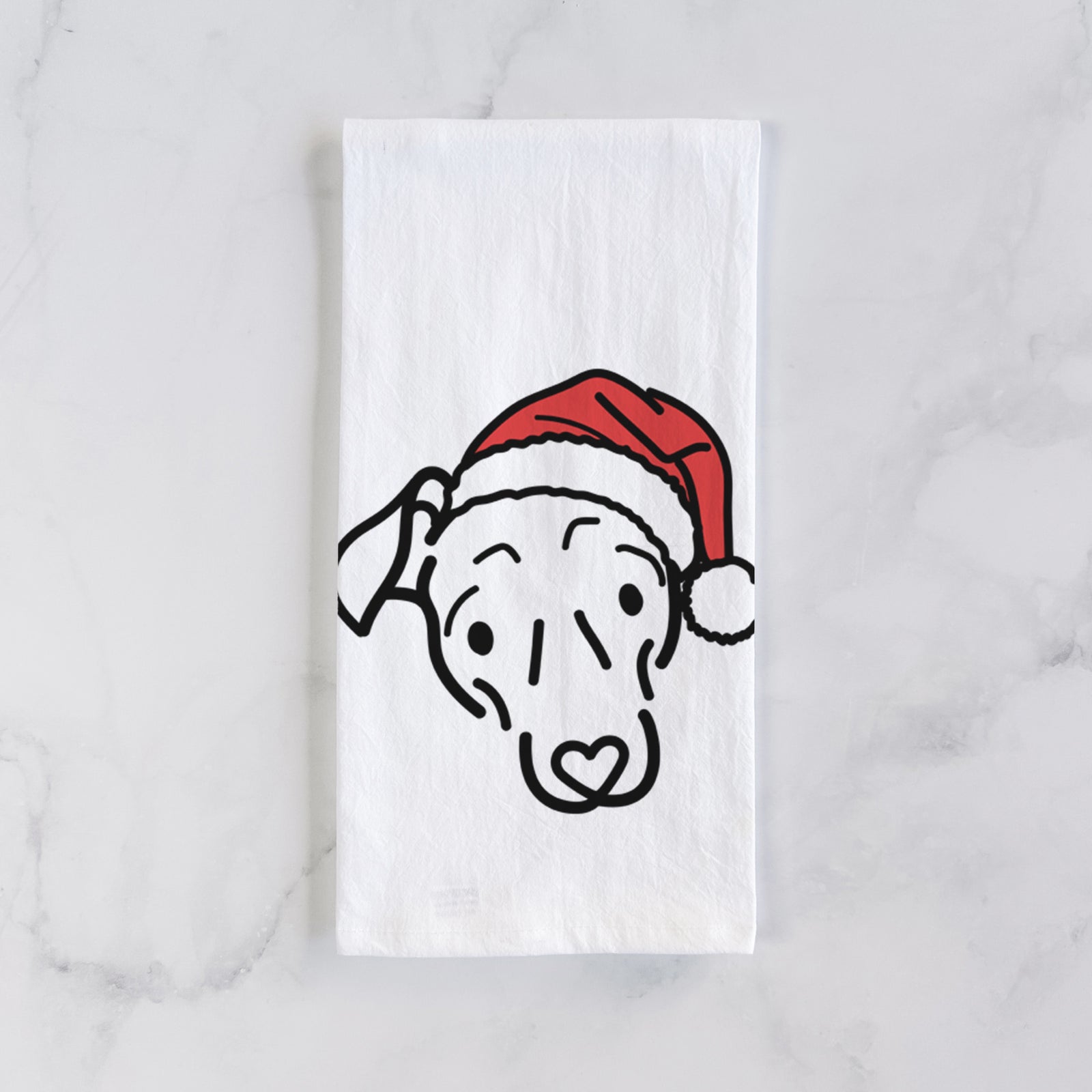 Minimalist line drawing of Millie the Mixed Breed wearing a Santa hat on a tea towel