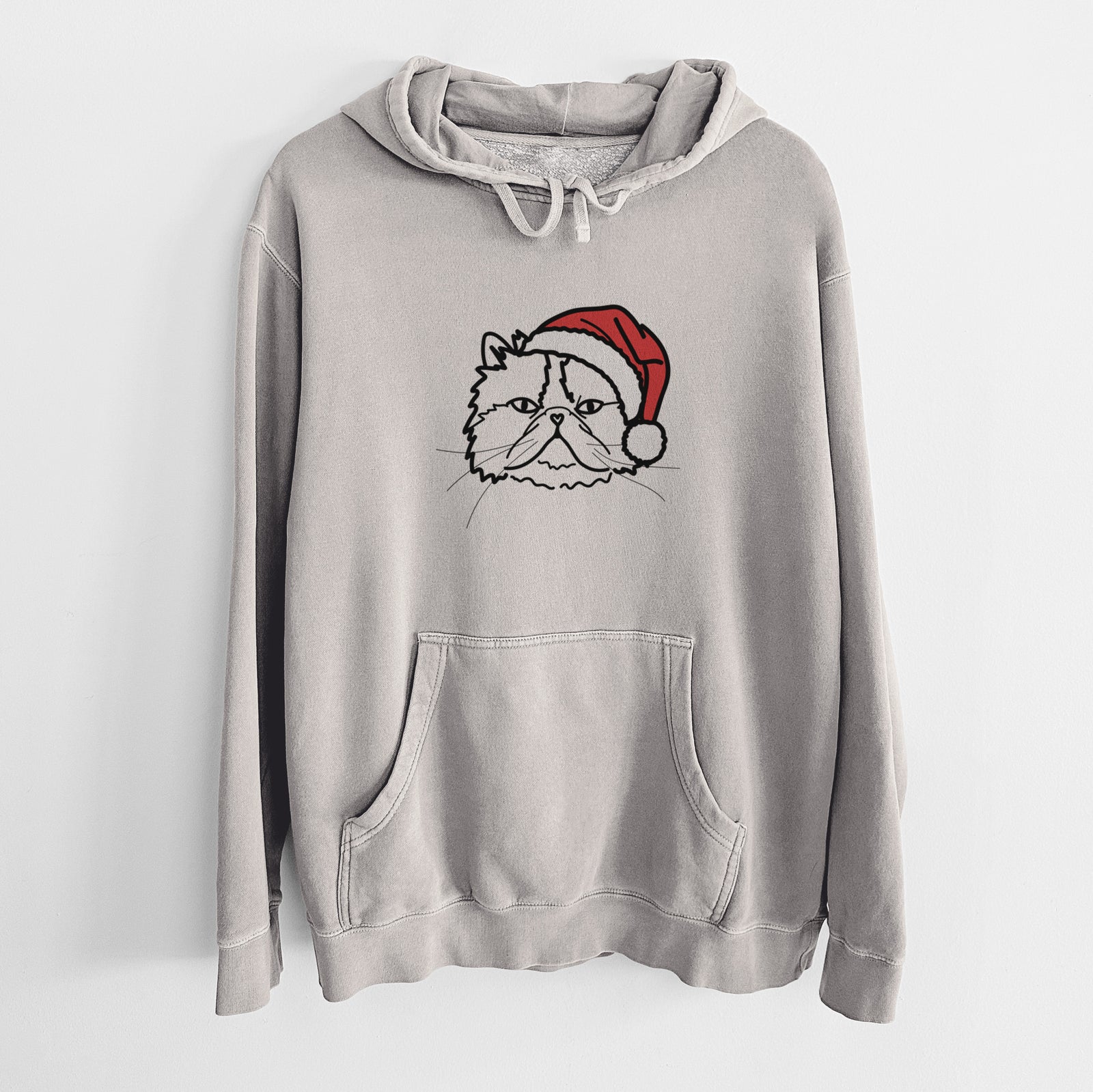 Minimalist line drawing of Mila the Persian Cat wearing a Santa hat on a Cement Unisex pigment dyed hoodie