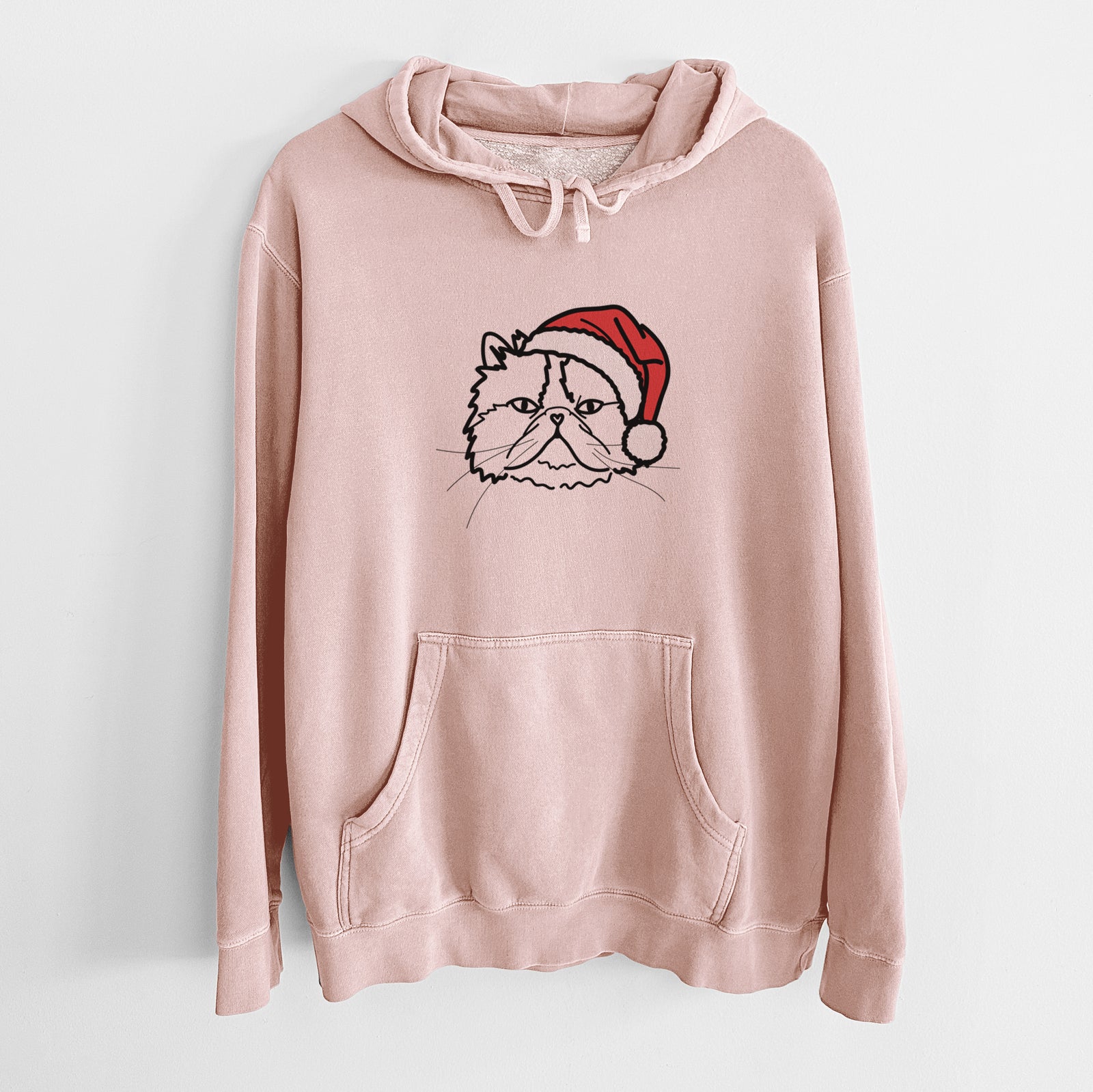 Minimalist line drawing of Mila the Persian Cat wearing a Santa hat on a Dusty Pink Unisex pigment dyed hoodie
