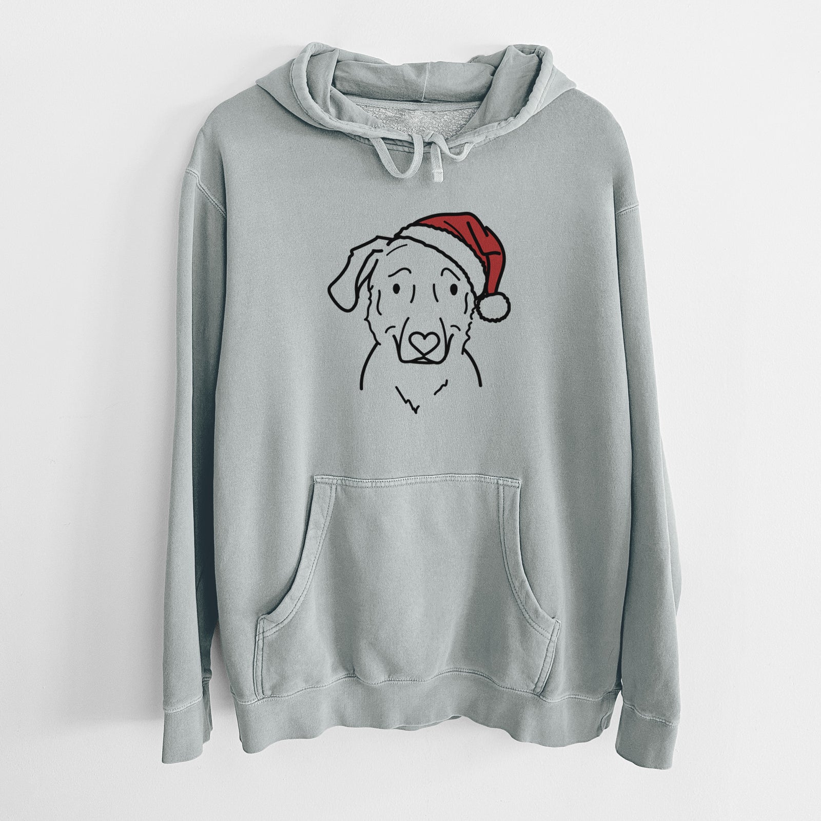 Minimalist line drawing of Mitzi the Golden Retriever Mix wearing a Santa hat on a Sage Unisex pigment dyed hoodie