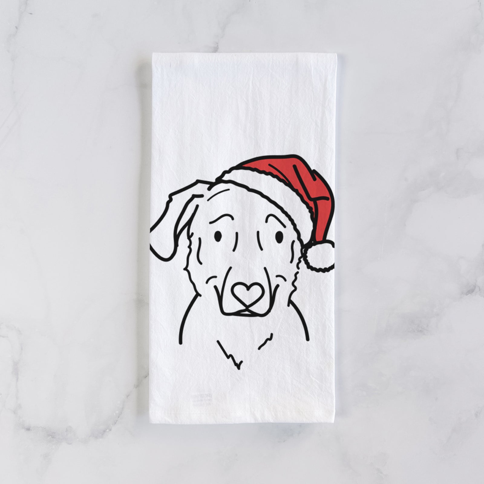 Minimalist line drawing of Mitzi the Golden Retriever Mix wearing a Santa hat on a tea towel