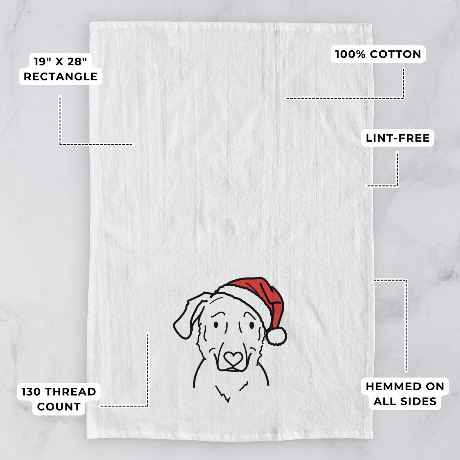 Minimalist line drawing of Mitzi the Golden Retriever Mix wearing a Santa hat on a tea towel, with feature callouts: 19 x 28 inch rectangle, 100% cotton, lint-free, 120 thread count, hemmed on all sides