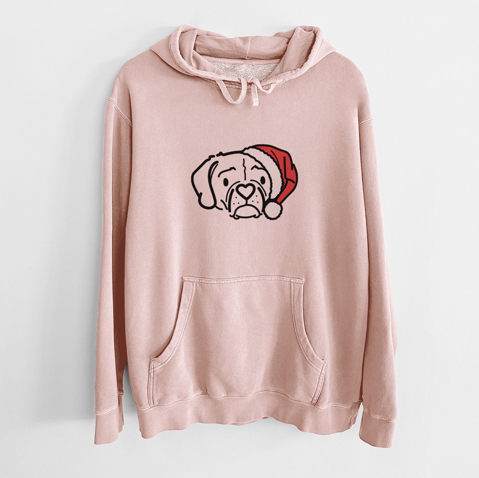 Minimalist line drawing of Mitzi the Puggle wearing a Santa hat on a Dusty Pink Unisex pigment dyed hoodie