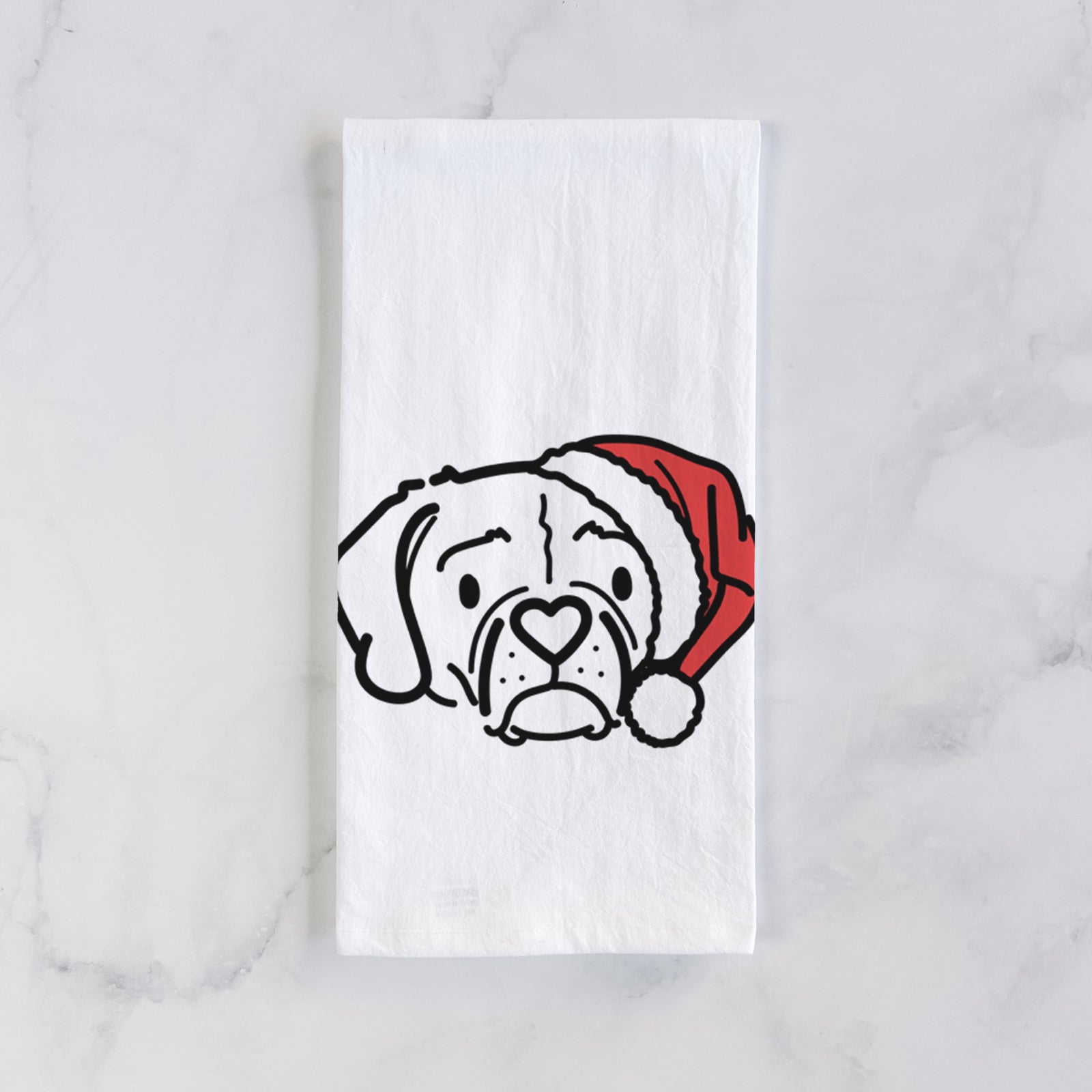 Minimalist line drawing of Mitzi the Puggle wearing a Santa hat on a tea towel